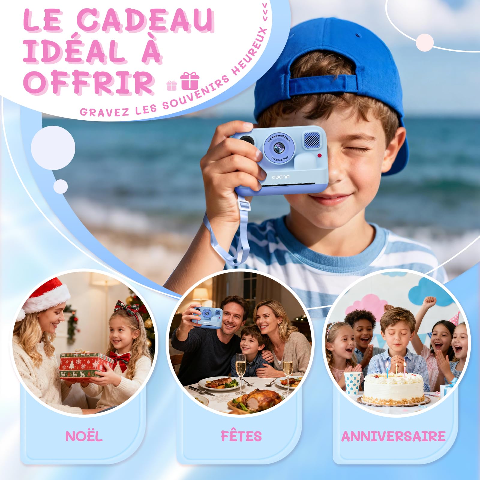 Appareil Photo Instantané Enfant Cadeau Jouet Fille Garçon 3-12 Ans, AWANFI Caméra Numérique Vidéo 1080P Carte 32GB avec 3 Rouleaux de Papier et Impression APP Bluetooth