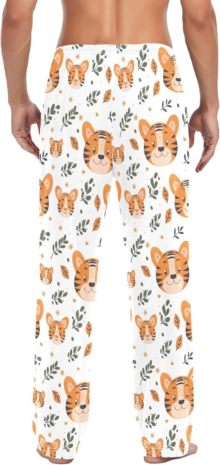 ALAZA Cute Tiger Leaves Cartoon Men's Pajama Pants Men Cotton Pajama Bottoms with Pockets, S