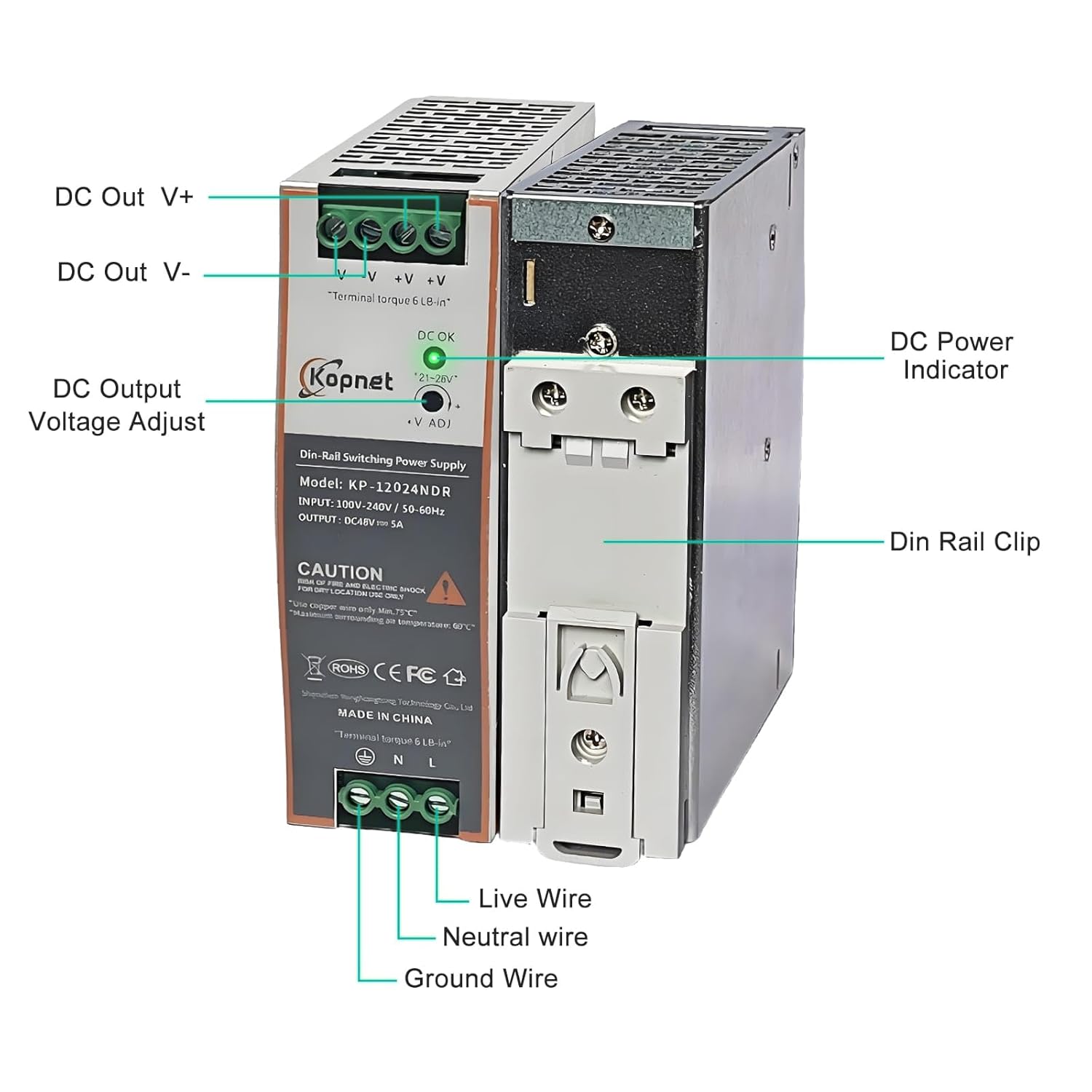 120W 24V Din Rail Mount Power Supply 24V Output AC-DC Industrial Power Adapter 100~240V AC Input Din-Rail Switching Power Supply with Over Temperature Short Circuit Protection