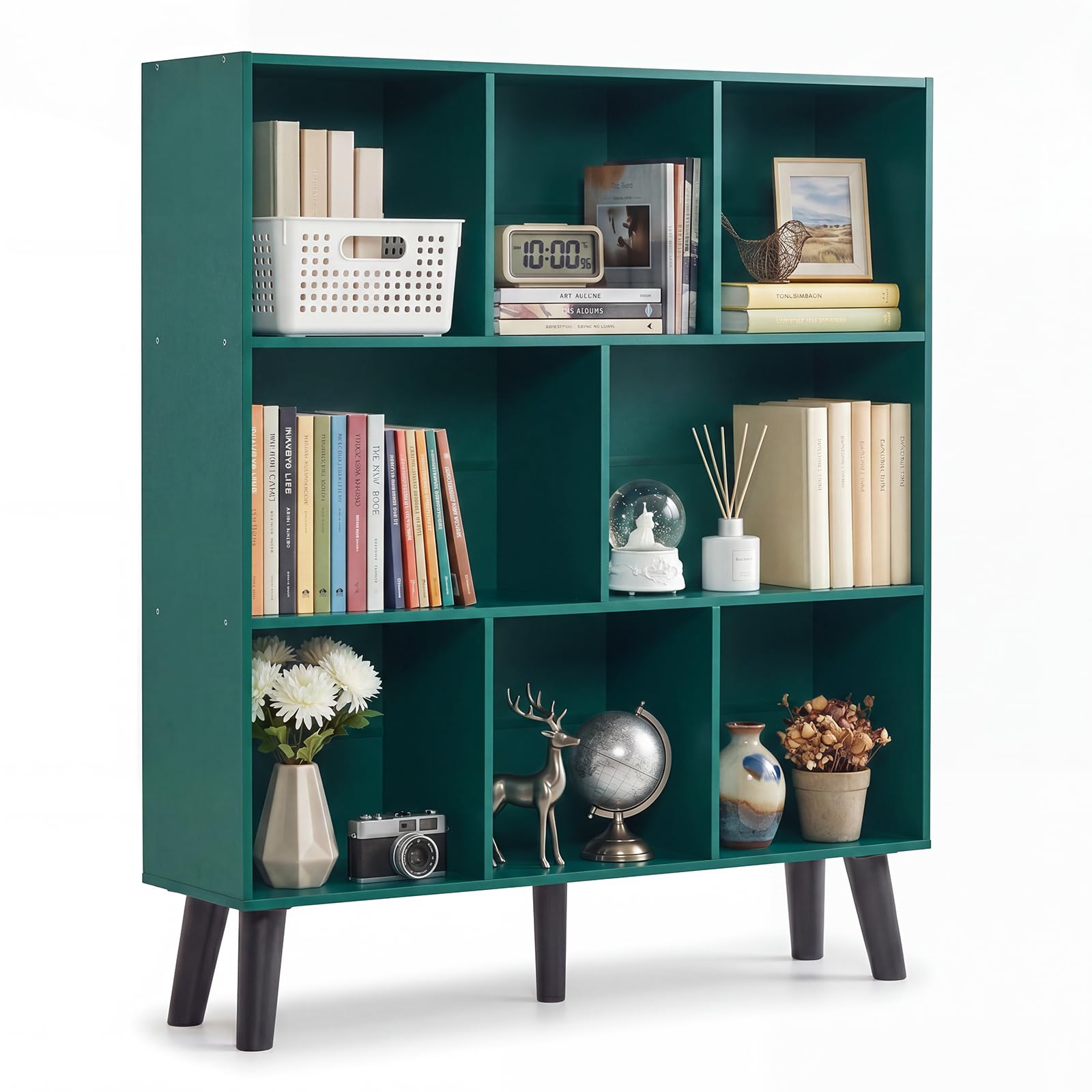 YAHARBO 8 Cube Bookshelf,3 Tier Bookcase with Legs,Dark Green Mid-Century Modern Bookshelves,Large Free Standing Open Storage Organizer Shelf,Tall Wooden Book Case Furniture for Bedroom,Living Room