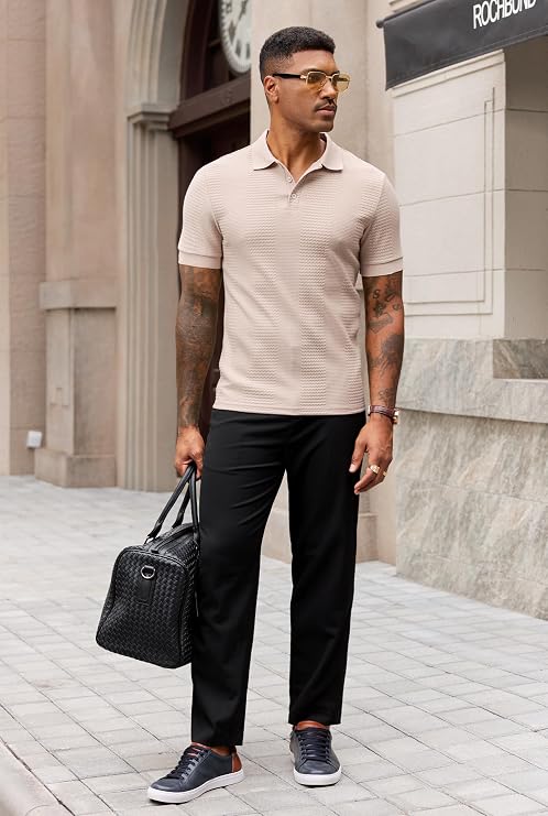 Mens Cable Knit Polo Shirts Textured Casual Summer Vacation Collared Shirt (S-XXL)