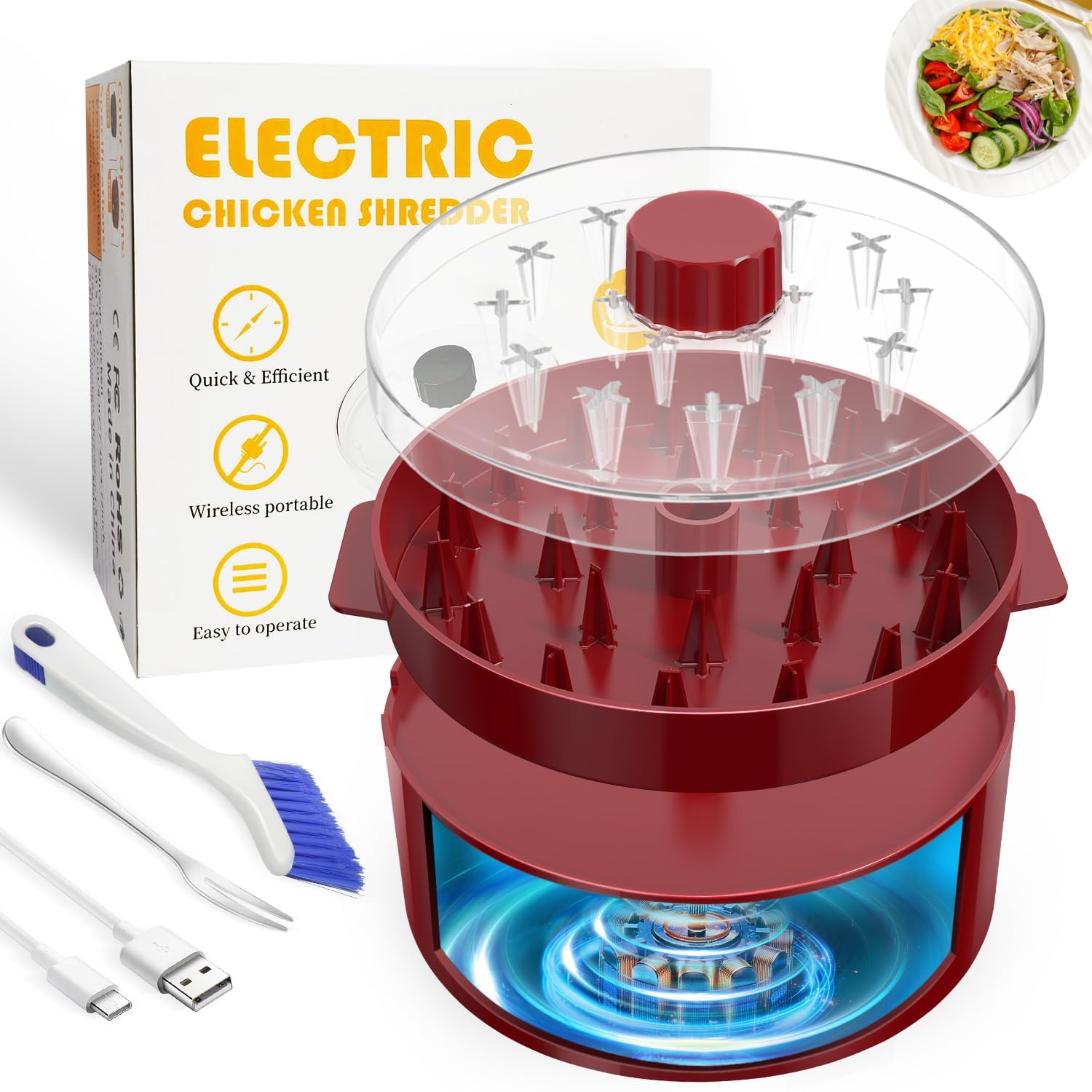 Automatischer Elektrischer Hähnchen-Zerkleinerer|Typ-C Schnellladung & 60min Laufzeit|8"/20CM sichtbare Zerkleinerungskammer mit Bürste/Gabel|BPA-frei spülmaschinenfest|für Meal Prep (Rot)