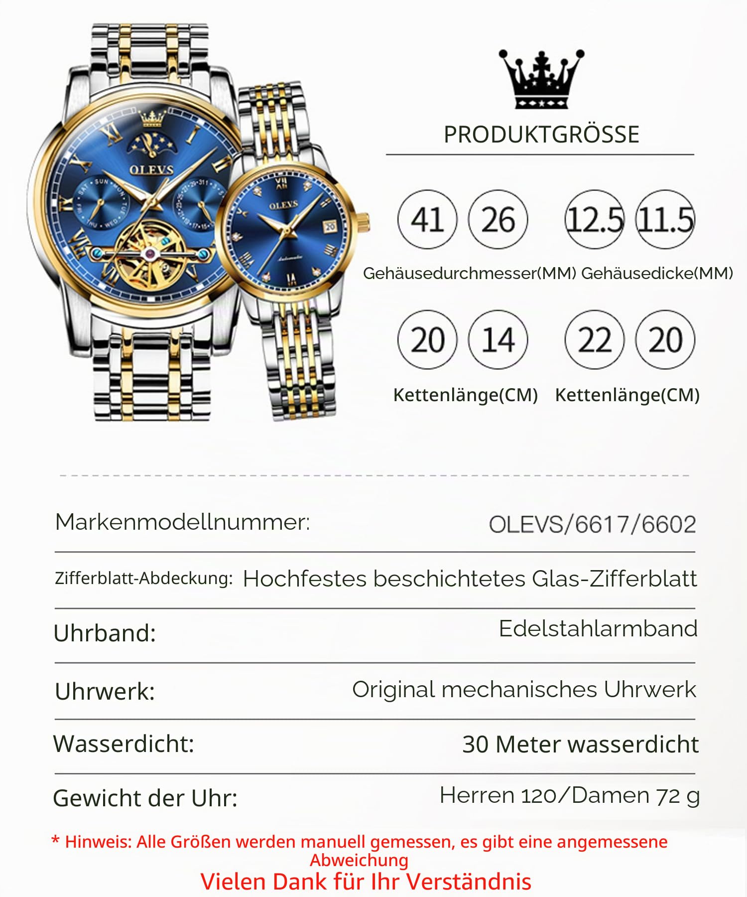 OLEVS Paar Uhren Set mit automatischem mechanischen automatischen Aufzug für Herren Damen Uhren Leuchtend Wasserdicht Edelstahl High-End Casual Business Uhr, 6617-6602, goldfarbenes grünes Armband,