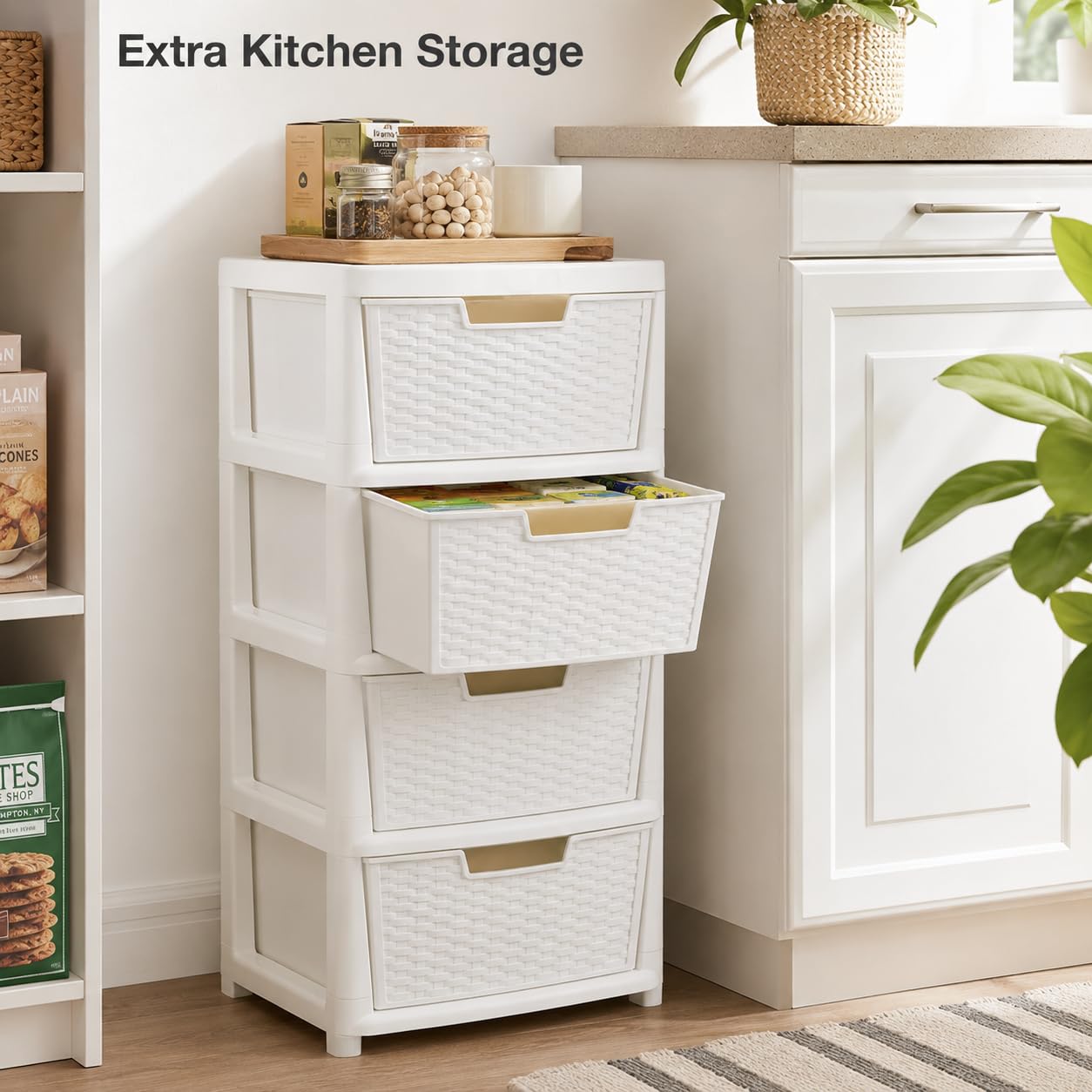 Kaanco Large Plastic Storage Drawers Rattan Effect Storage Unit Tower Space Saving Plastic Drawers for Bedroom Office Kitchen Laundry Bathroom Clothes Toy Home Organisation (4 Tier Rattan White) - Image 9