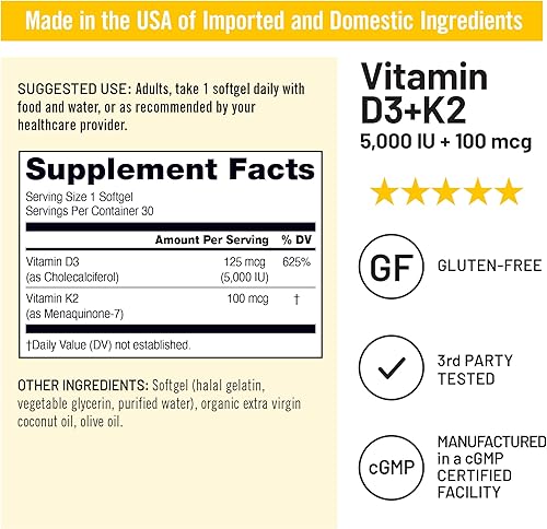 Miniatura 4 de NatureWise Vitamina D3 5000IU + K2 (MK7) 100mcg con aceite de coco orgánico extra virgen  Apoya la absorción de calcio, salud ósea e inmune  Sin