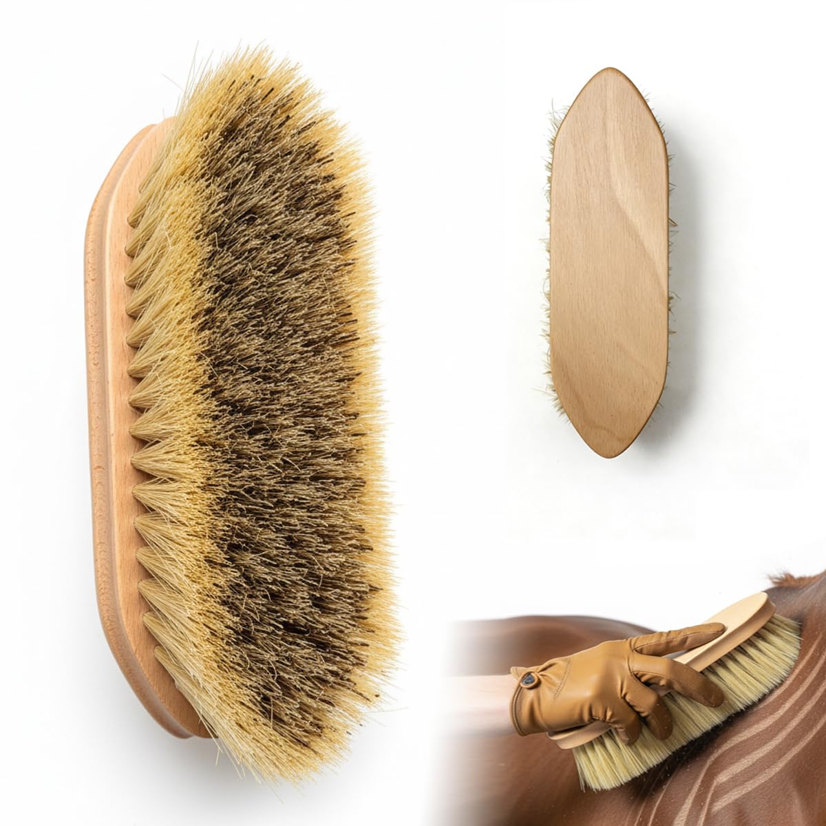 ZenithGroom - Dual Bristle Horse Brush for Grooming Deep Clean Mud Removal & Coat Shine in One, Stiff Inner Core & Soft Outer Bristles, Beechwood Handle, Professional Equine Body Brush for Shedding