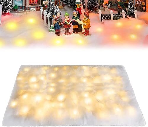 Manta de nieve iluminada de 3.9 x 1.1 ft, rollo de manta de nieve de Navidad con luces LED, cuerda de pilas, manta de nieve falsa para árbol de