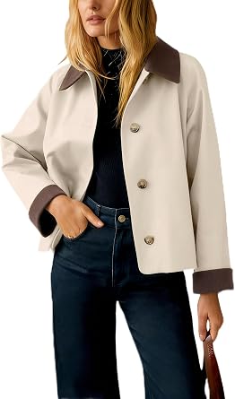 Lviefent Womens Contrast Collar Jacket Casual Button Down Long Sleeves Crop Trench Coat Outerwear with Pockets