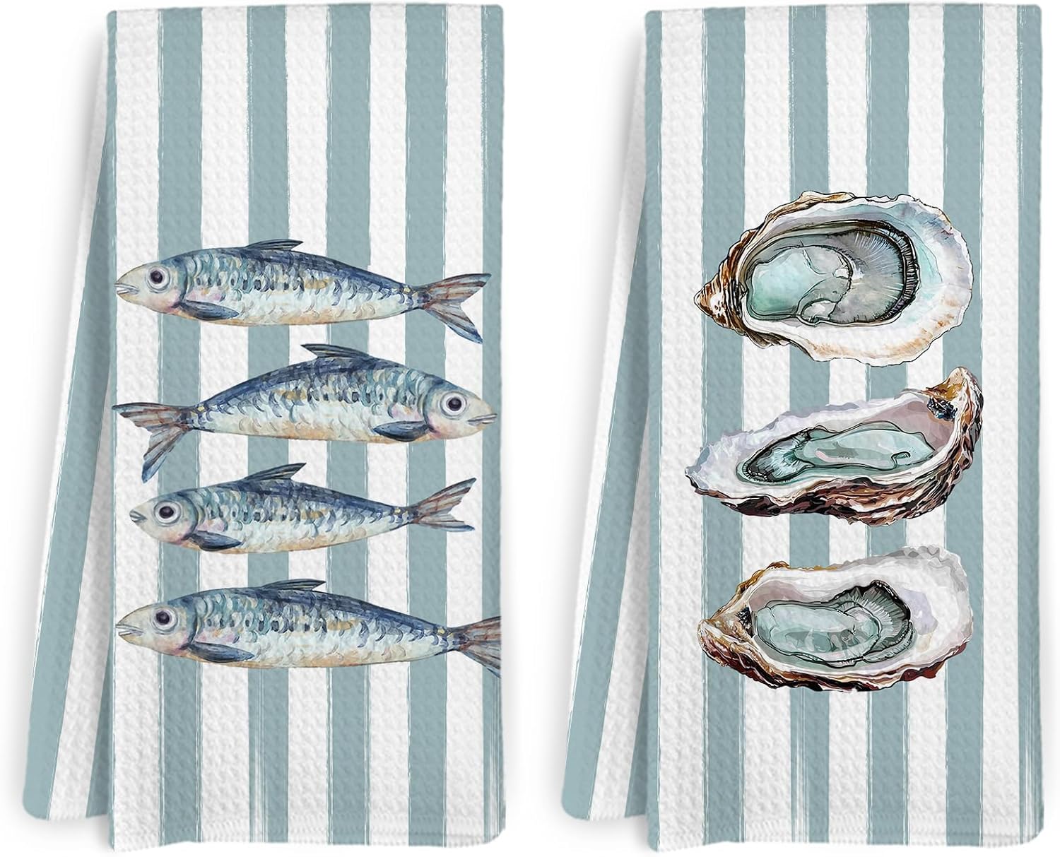 Coastal Sardine Oyster Kitchen Towels and Dishcloths Set of 2, Preppy Beachy Oysters Dish Towels, Summer Nautical Sardine Hand Tea Towels for Bathroom Kitchen, Beach Bathroom Decor, 16×24 in
