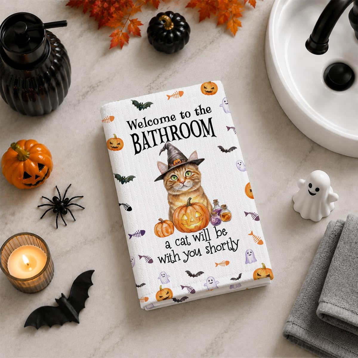 Halloween Cat Bathroom Towels, Orange Tabby Cat Gifts Bathroom Decor 02 image 4