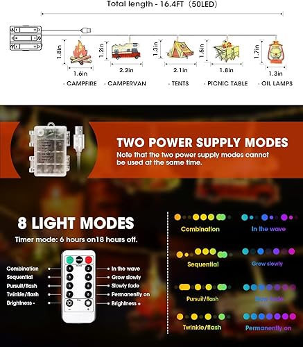 Miniatura 9 de AceList Guirnalda de 20 luces LED para campamento, funciona con pilas y USB, mini cadena de queroseno impermeable para exteriores, perfecta para