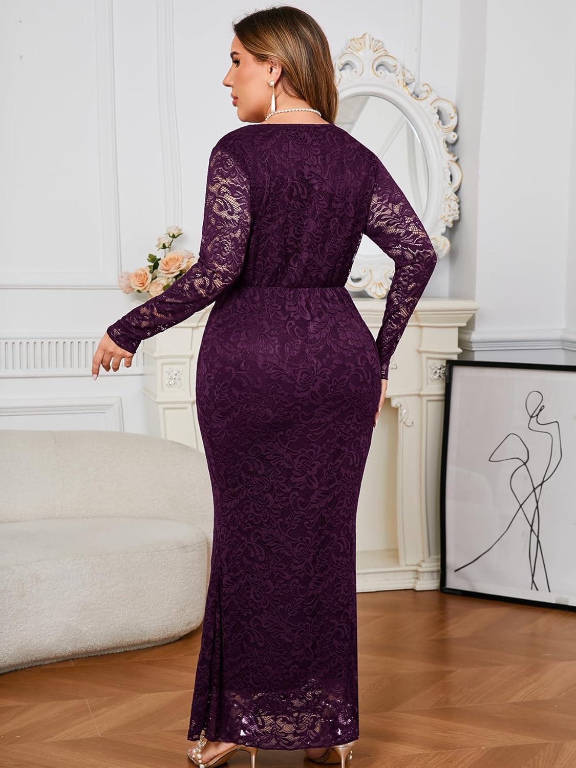 ZOMVA Plus Size Floral Lace Dress Elegant Bodycon Mermaid Maxi Evening Gown V Neck Wrap Long Sleeve Formal Dresses Party - Image 5