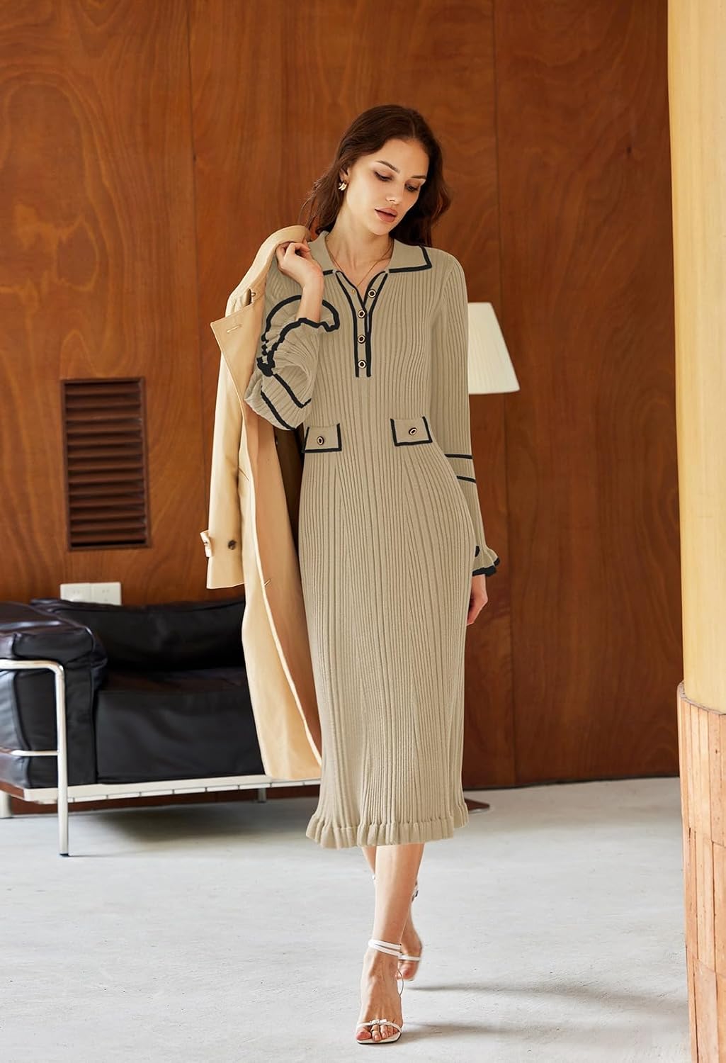 Pink Queen Women's V Neck Bodycon Sweater Dress 2026 Long Sleeve Half Button Slim Fitted Ruffle Ribbed Knit Maxi Pencil Dress - Image 5