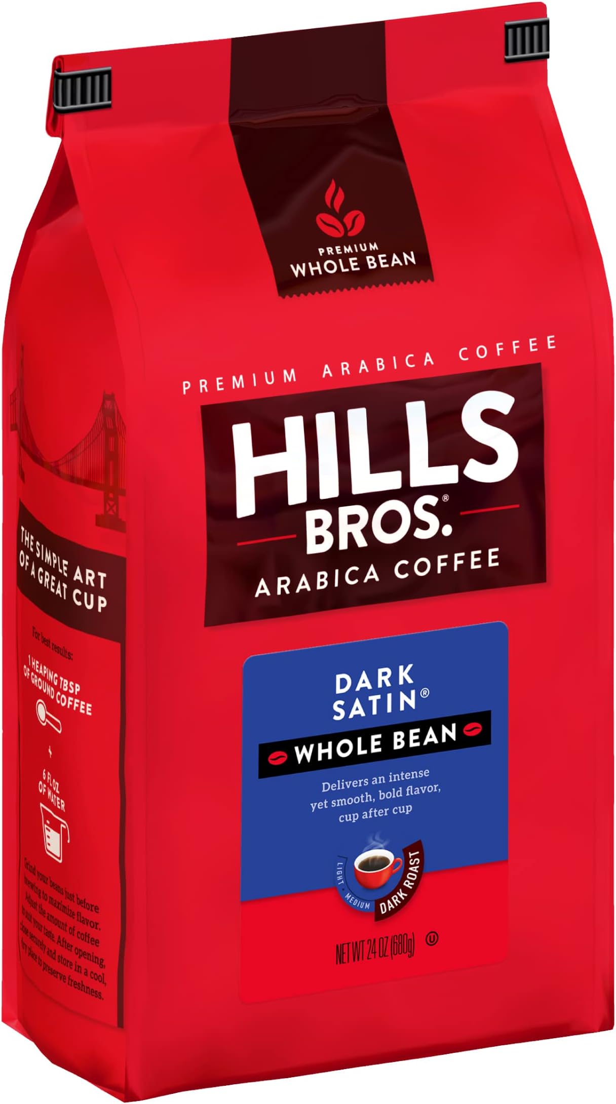 Hills Bros. Dark Satin Whole Bean Coffee – Rich and Bold Premium Arabica Coffee Beans – Orthodox Union Kosher – Dark Roast, Fresh Grind for Best Aroma & Taste – Dark Satin, 1 Pack of 24oz