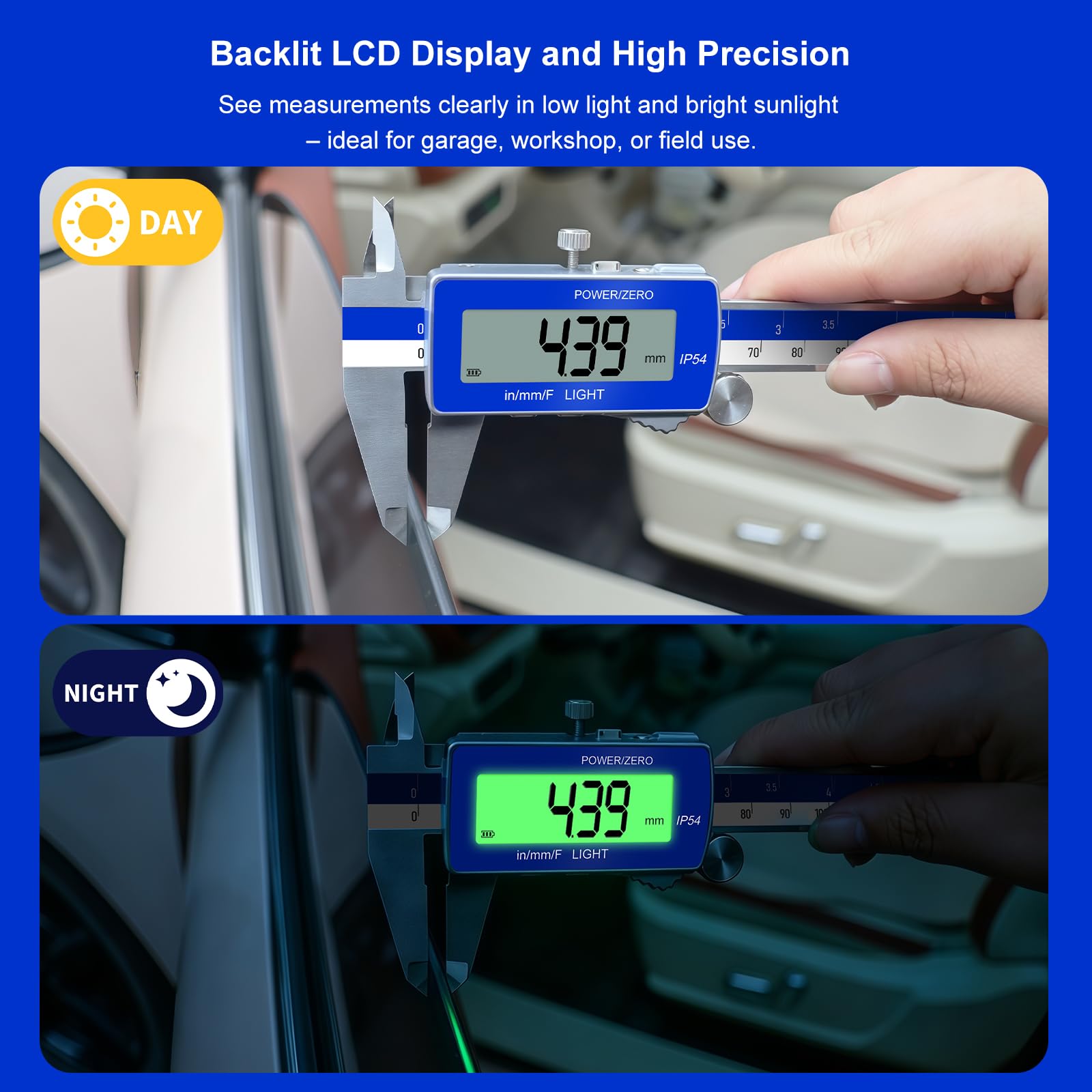 electronic calipers, IN/MM, waterproof electronic display, precise measurement.