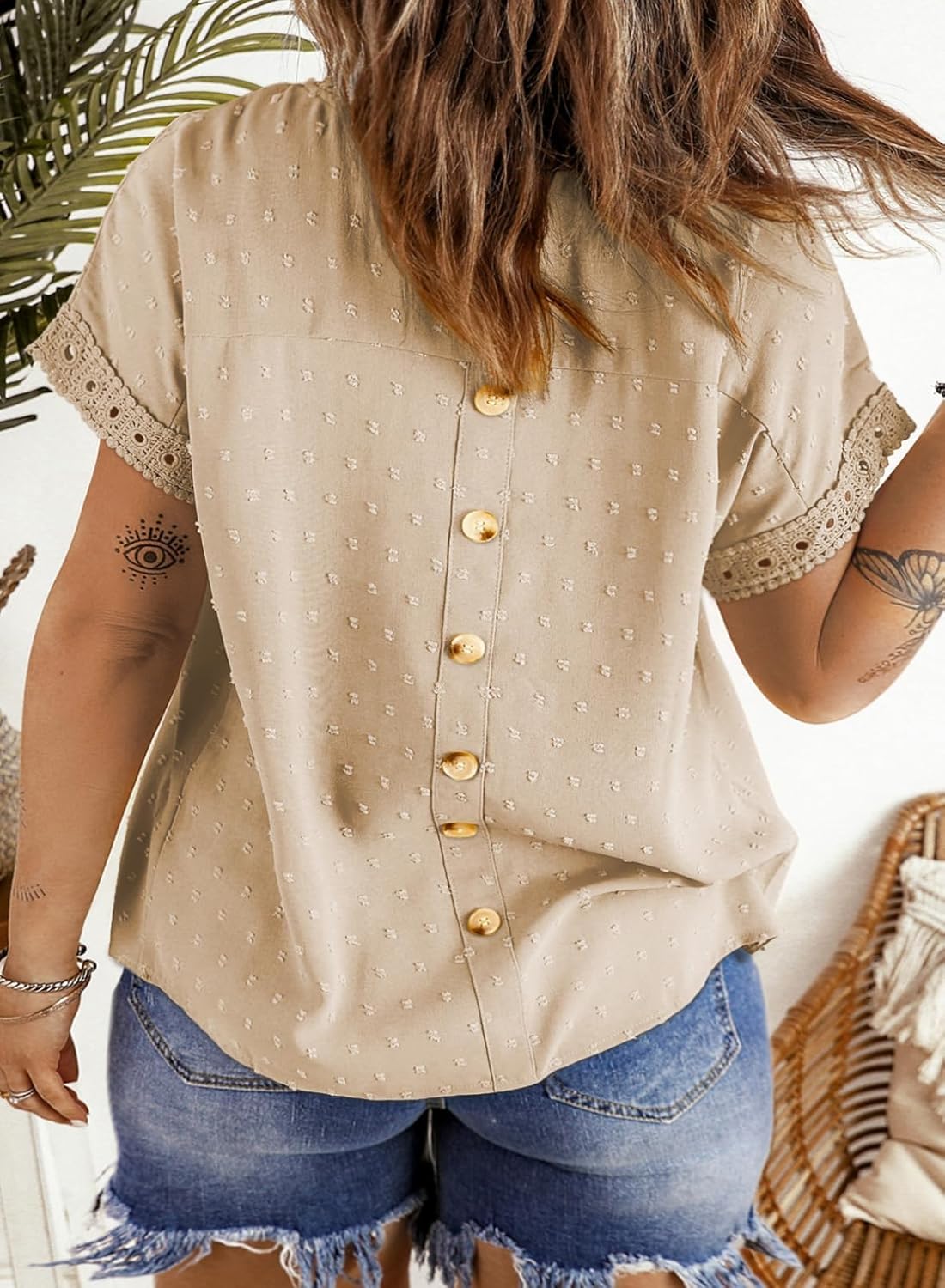 Eytino Women Plus Size Tops Crewneck Short Sleeve Lace Crochet Loose Casual Summer Blouses Shirts(1X-5X) - Image 2