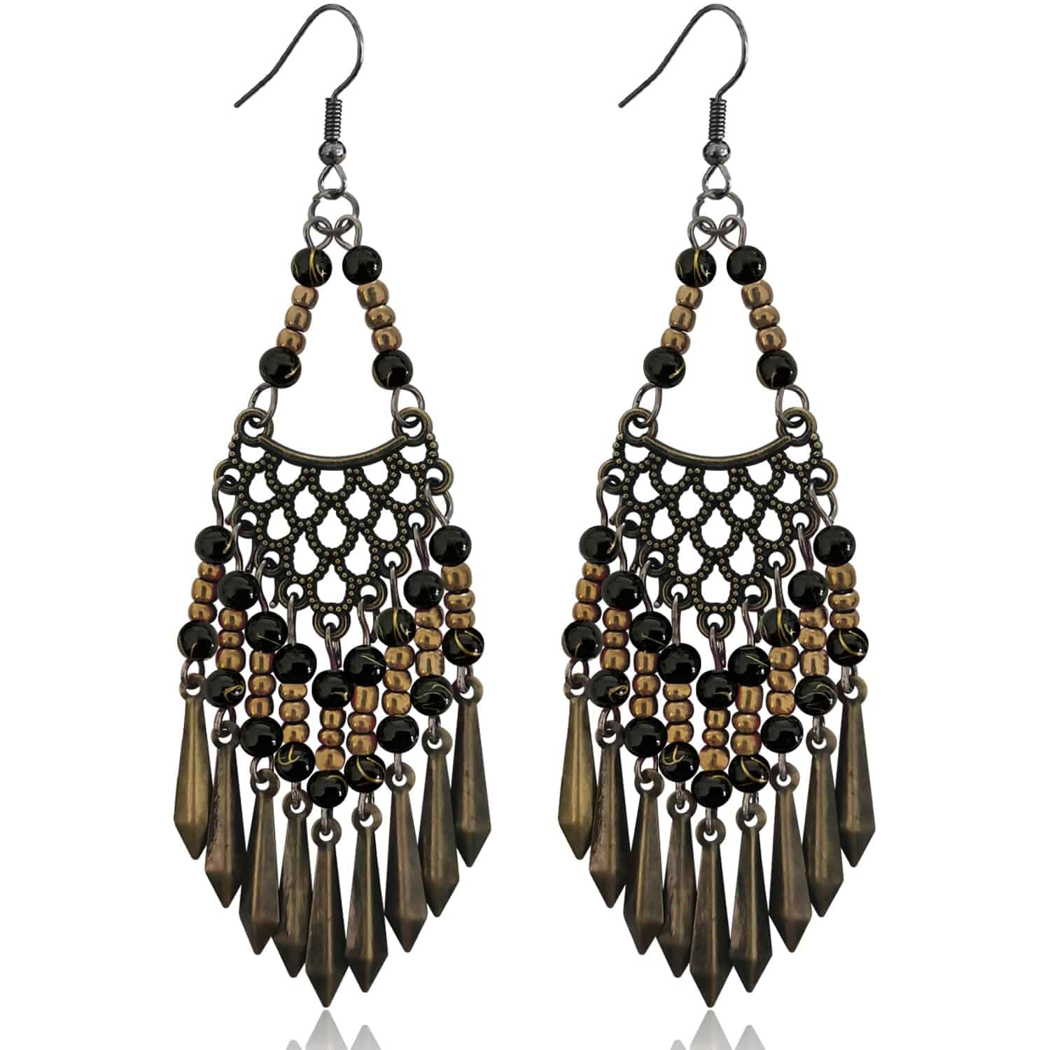 Handmade Vintage Bronze Bohemian Long Tassel Colorful Bead Dangle Drop Earrings Big Tribal Chandelier Geometry Hook Earrings for Women Statement Jewelry Gifts