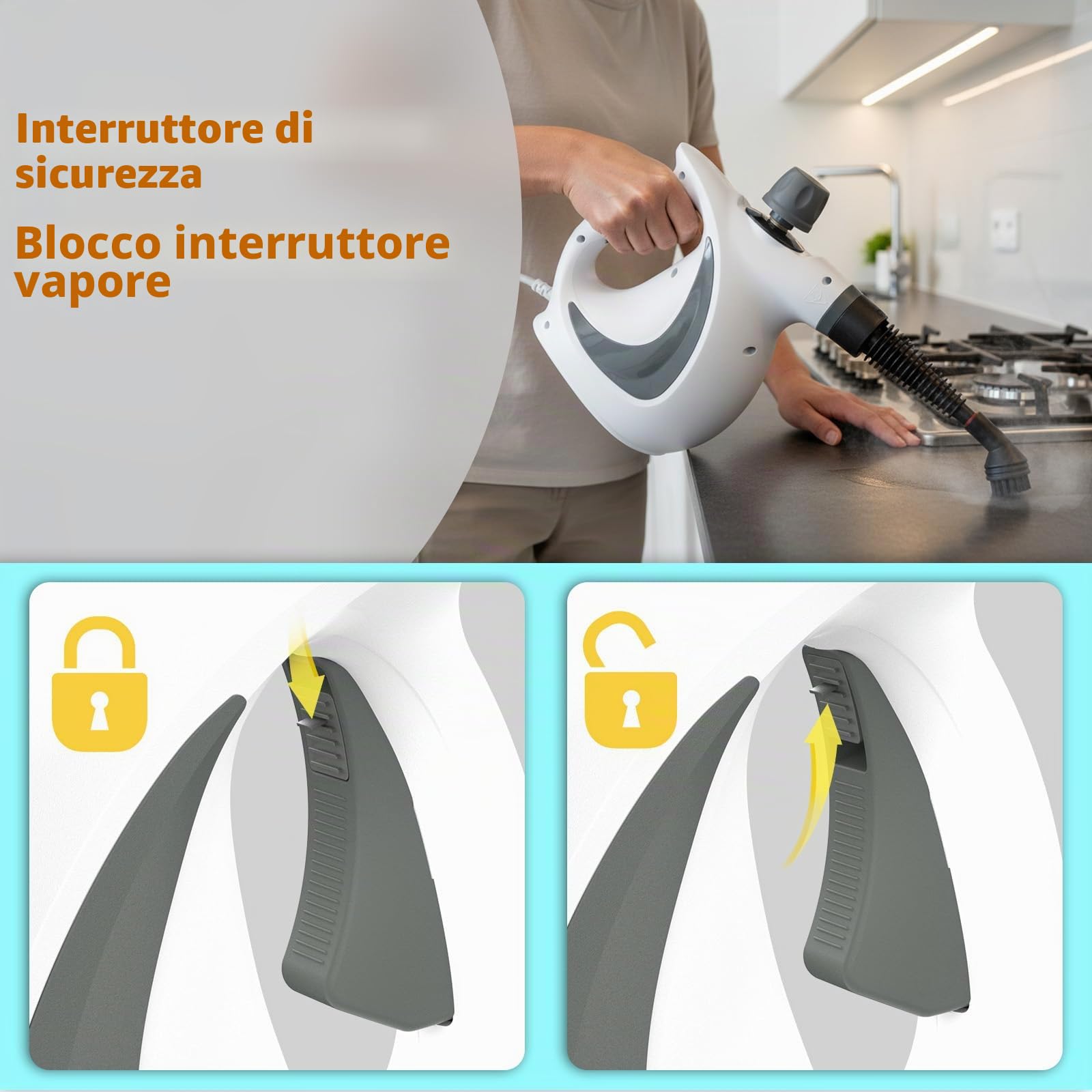Pulitore a Vapore Manuale Multiuso 1300W con 12 accessori, Pressione vapore 3 Bar, Serbatoio 350ML, Pulitore a vapore senza prodotti chimici per cucina, pavimenti, piastrelle, divani (Bianco)