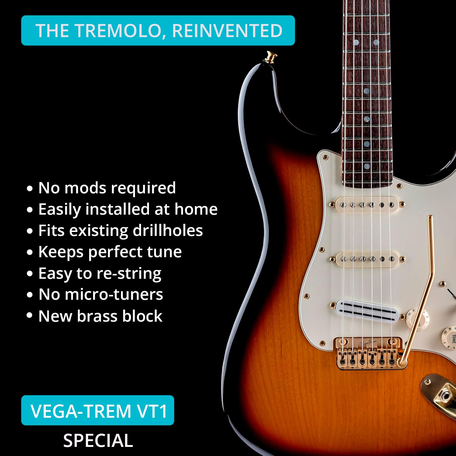 Vega-Trem VT1 - Ponte tremolo speciale per chitarra Stratocaster a 2 punti, per Stratocaster, senza mod, facile installazione (oro, destra)