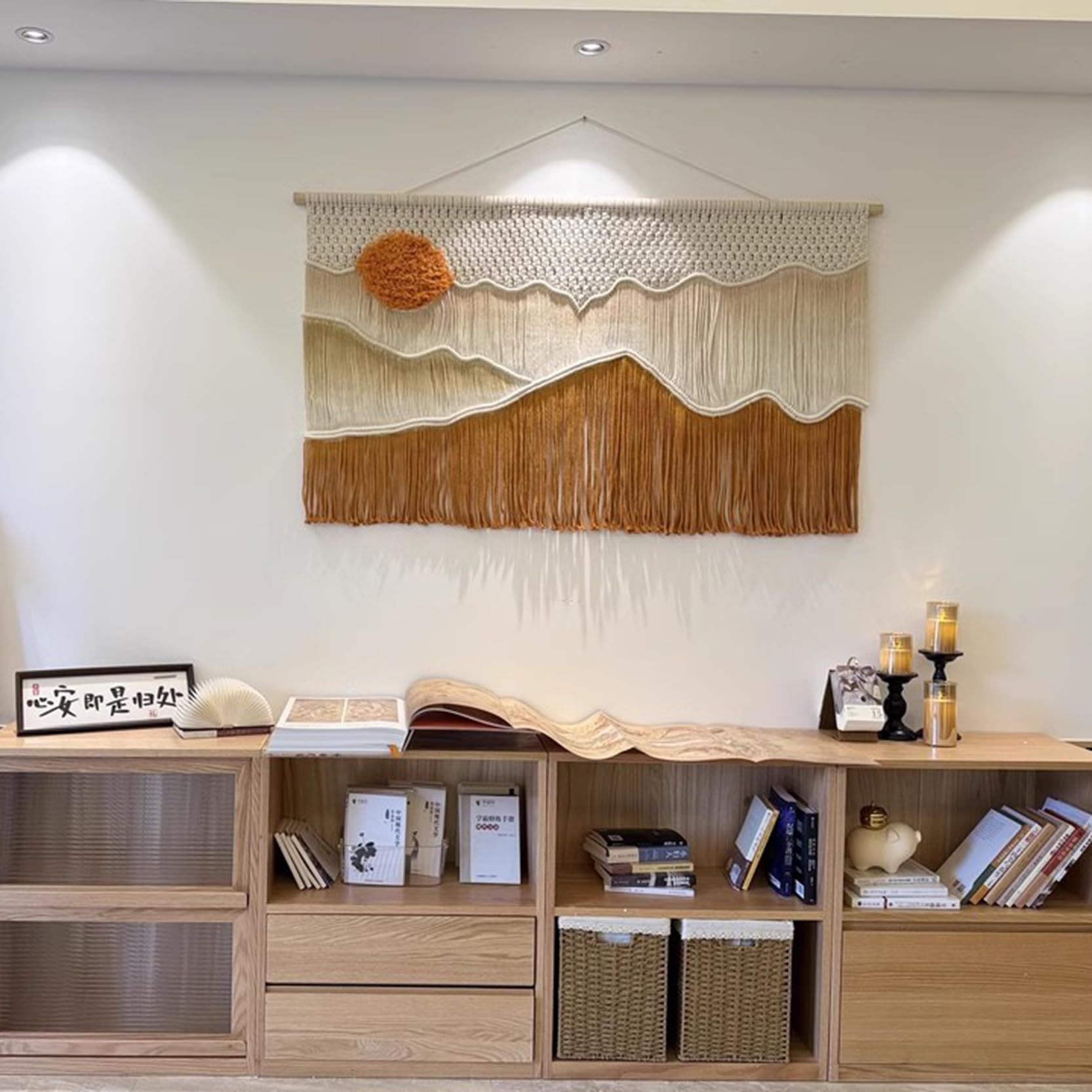 Tapiz de Pared de macramé, decoración Bohemia, Tejido a Mano, teñido por inmersión, Tapiz de Paisaje, Arte Colgante de Pared, Cuerda de algodón,decoración de Pared,Orange-120x90cm