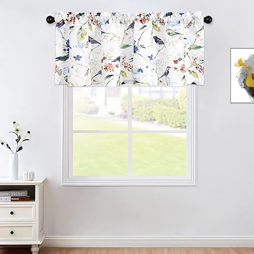Miniatura 73 de VOGOL Cenefas con patrón de pájaros para ventanas de cocina, cenefa texturizada de lino con estampado floral y pájaros para ventanas pequeñas