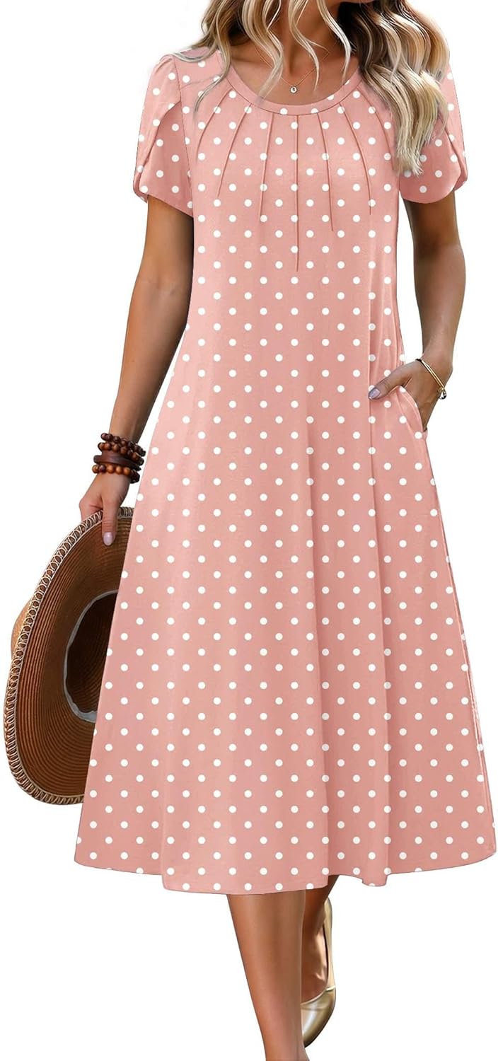 Zeagoo Womens Casual Summer Dress 2026 Petal Short Sleeve Dresses with Pleats Midi A Line Flowy Dress Boho Sundress