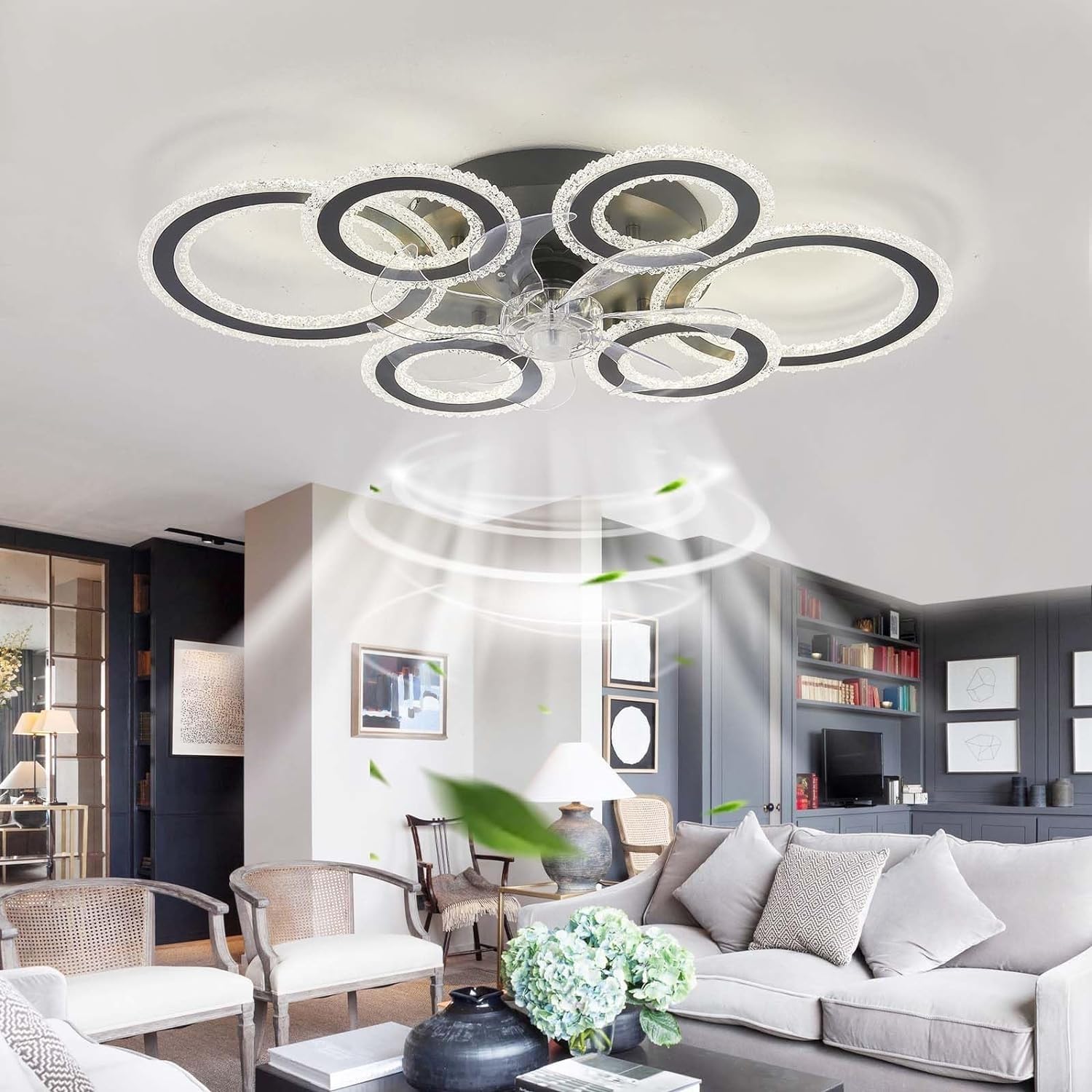 HXYSXHJUO Ceiling fan light Bedroom Design Dimmable Quiet Lamp with Fan Reversible 6-Speed Timer Light and Remote Control Φ 76cm (Black)