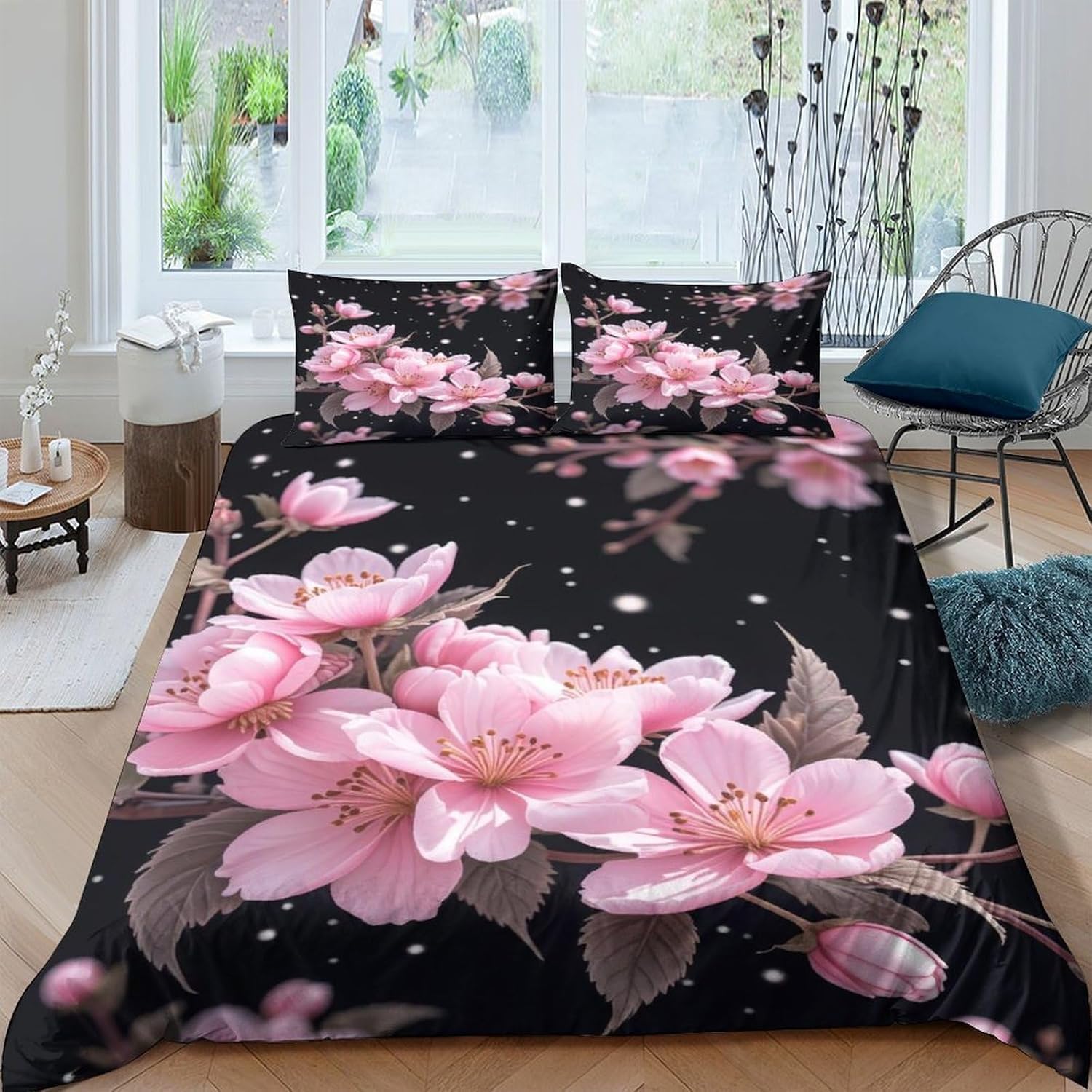 Housse de Couette 280x260 Imprimée 3D Fleurs de Cerisier en Microfibre Douce