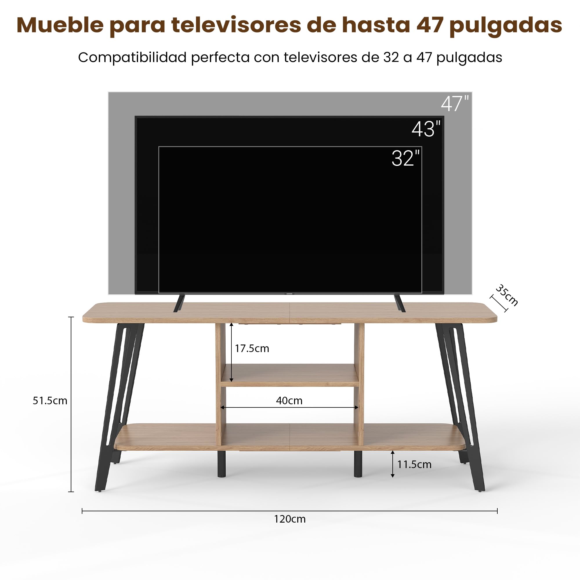 Manora Mueble de TV Moderno Industrial, Mesa de TV para hasta 55 Pulgadas, Mueble TV Salon con Compartimentos Abiertos, Mueble Television para Salon, Dormitorio, 120 x 35 x 52 cm, Roble