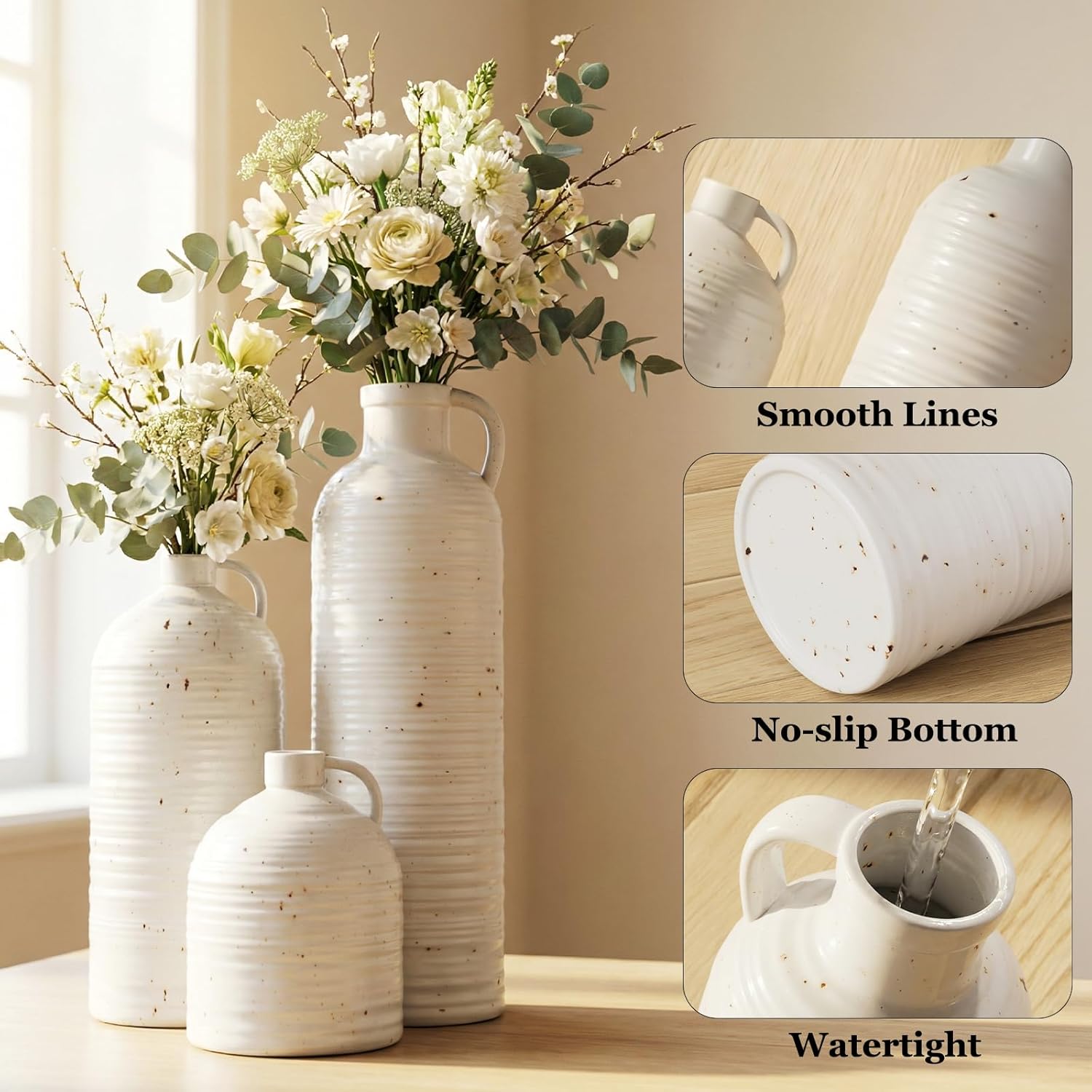 Firehold Ceramic Vase Set of 3, Rustic Home Decor Vases for Modern Farmhouse, White Boho Flower Vases for Shelf, Mantel, Table Decor, Small Decorative Vase for Dried Flowers & Pampas Grass