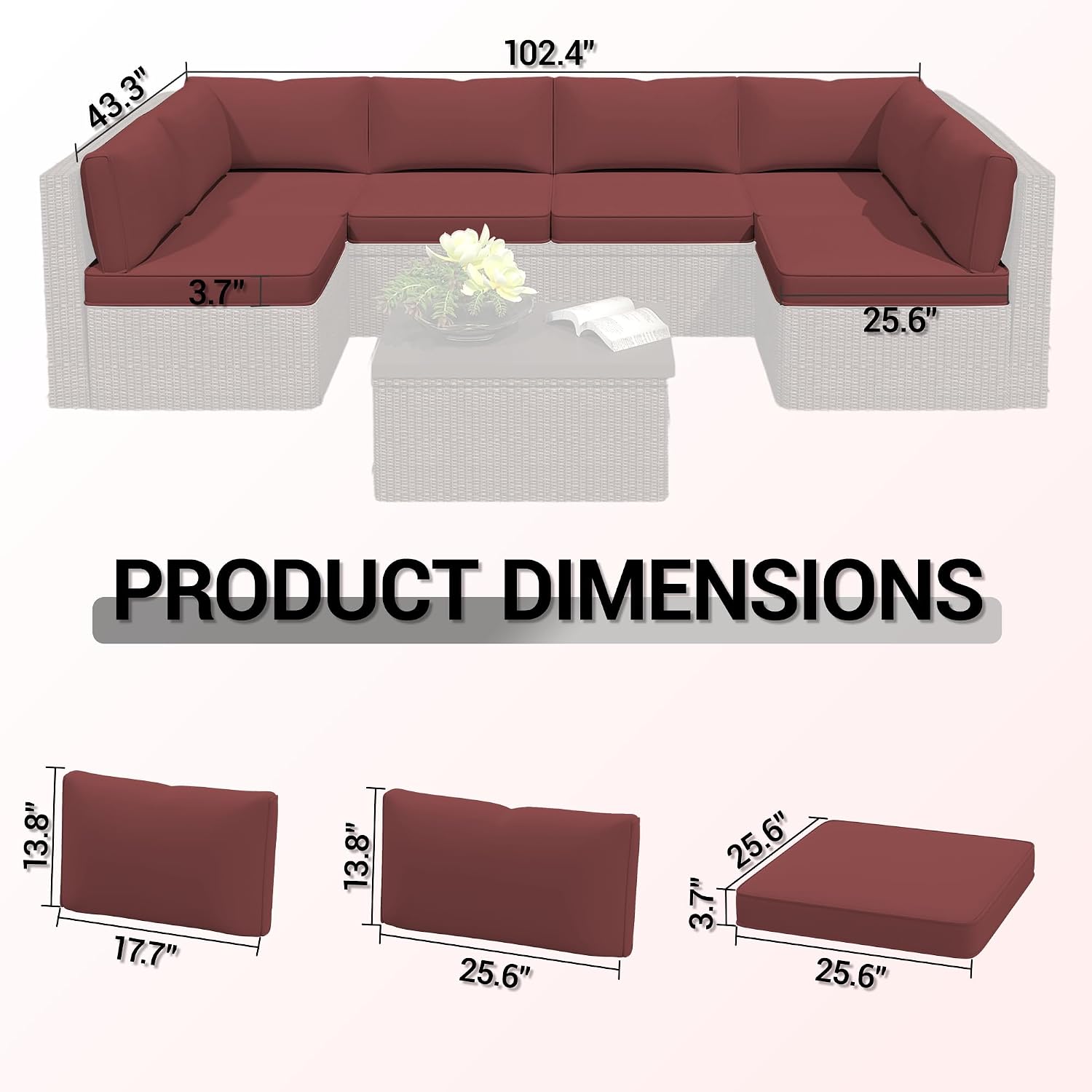 14-Piece Outdoor Replacement Cushions for Patio Furniture, Deep Seat Cushions for 6-Seat Sectional Rattan Sofa, Water-Resistant Couch Cushion Set with Non-Slip Backing, Claret Red
