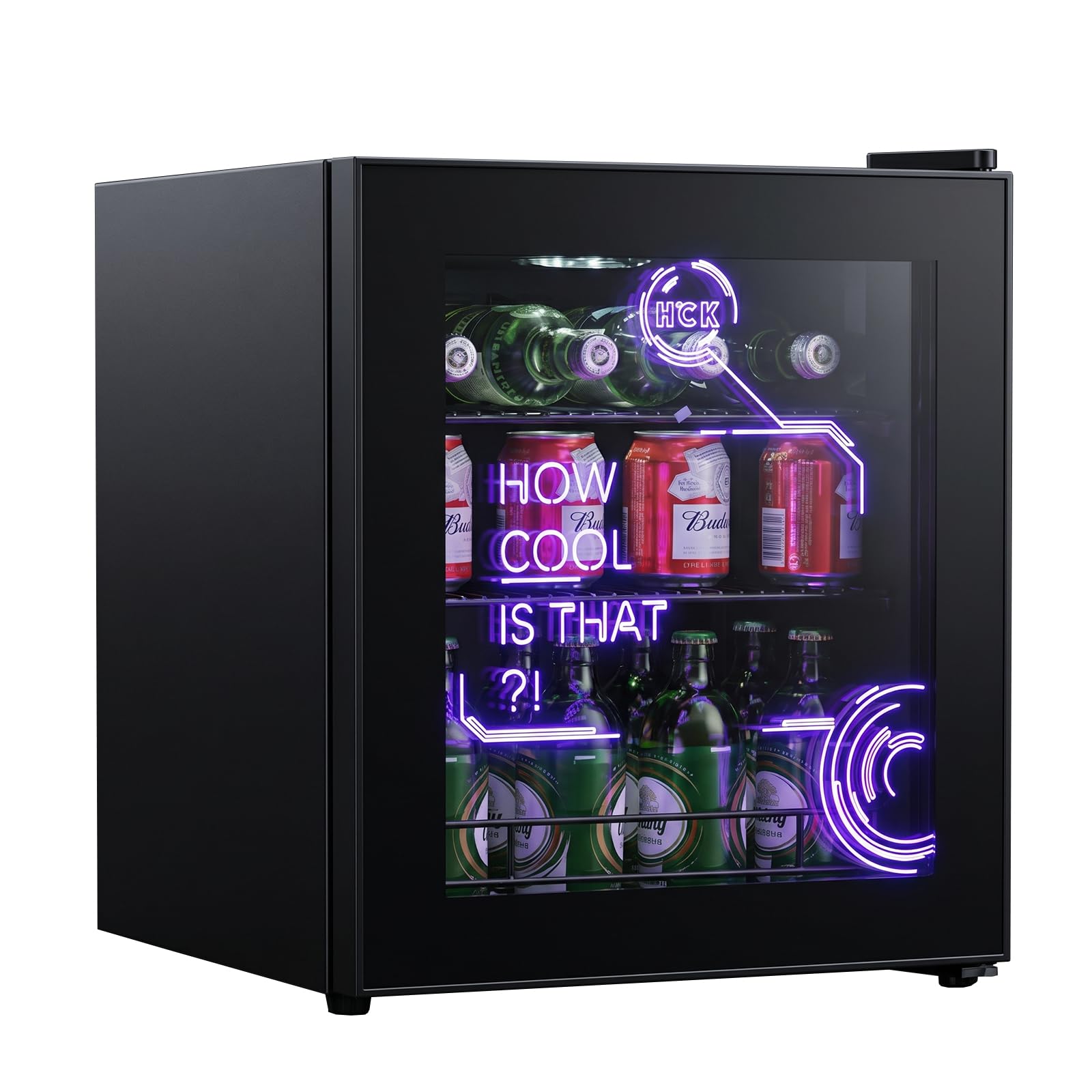 HCK Nevera de 48 litros con puerta de cristal de 39 dB, Cyberpunk con moderna iluminación LED, nevera para bebidas, frigorífico para juegos, control preciso de temperatura de 0 a 15 °C