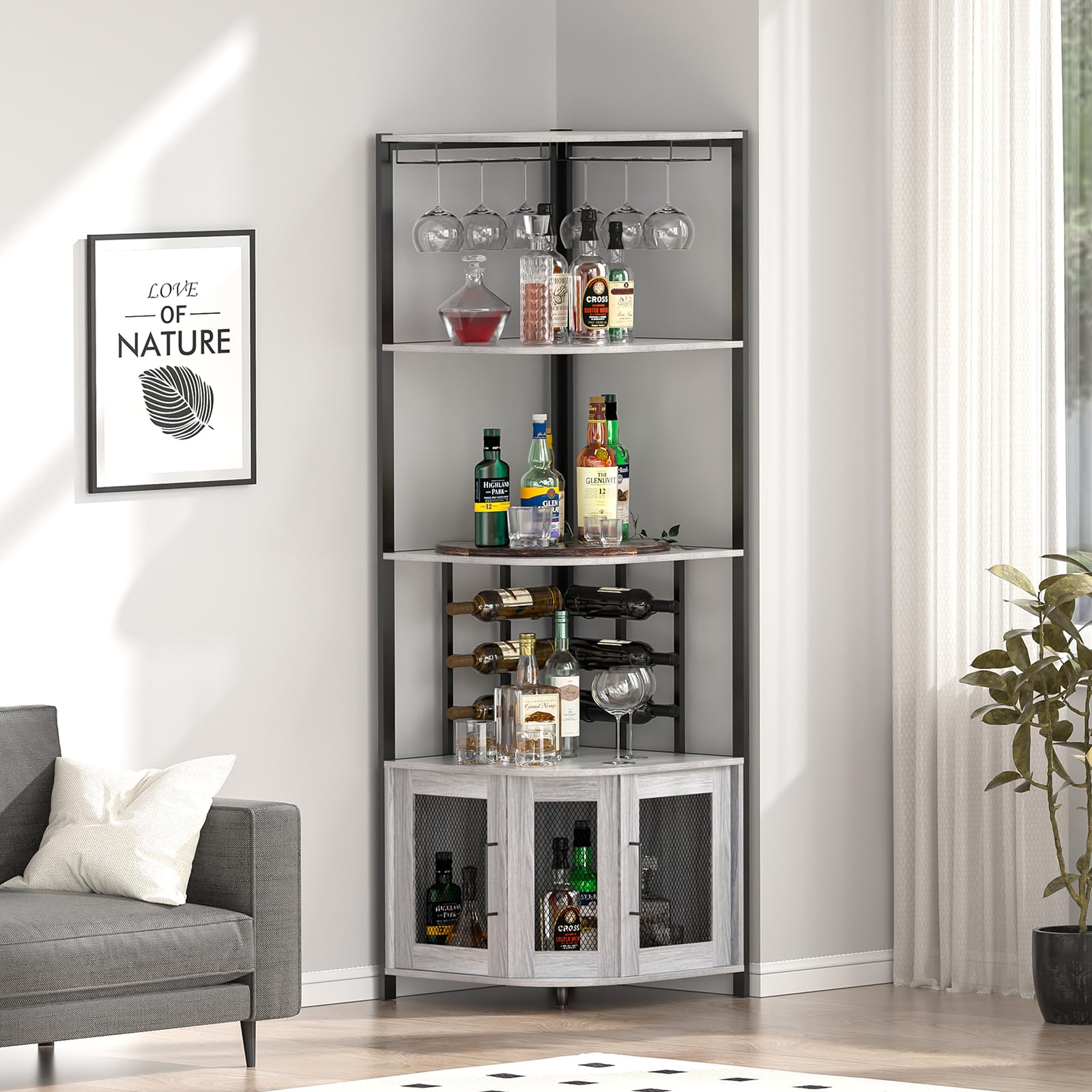 Weinschrank Eckschrank Industrial, Barschrank mit Glashalter, 4-Stöckiger Spirituosenschrank mit Metallgittertüren, Küche Hausbar Buffet-Weinregal, Küchenschrank für die Hausbar oder Kaffeebar