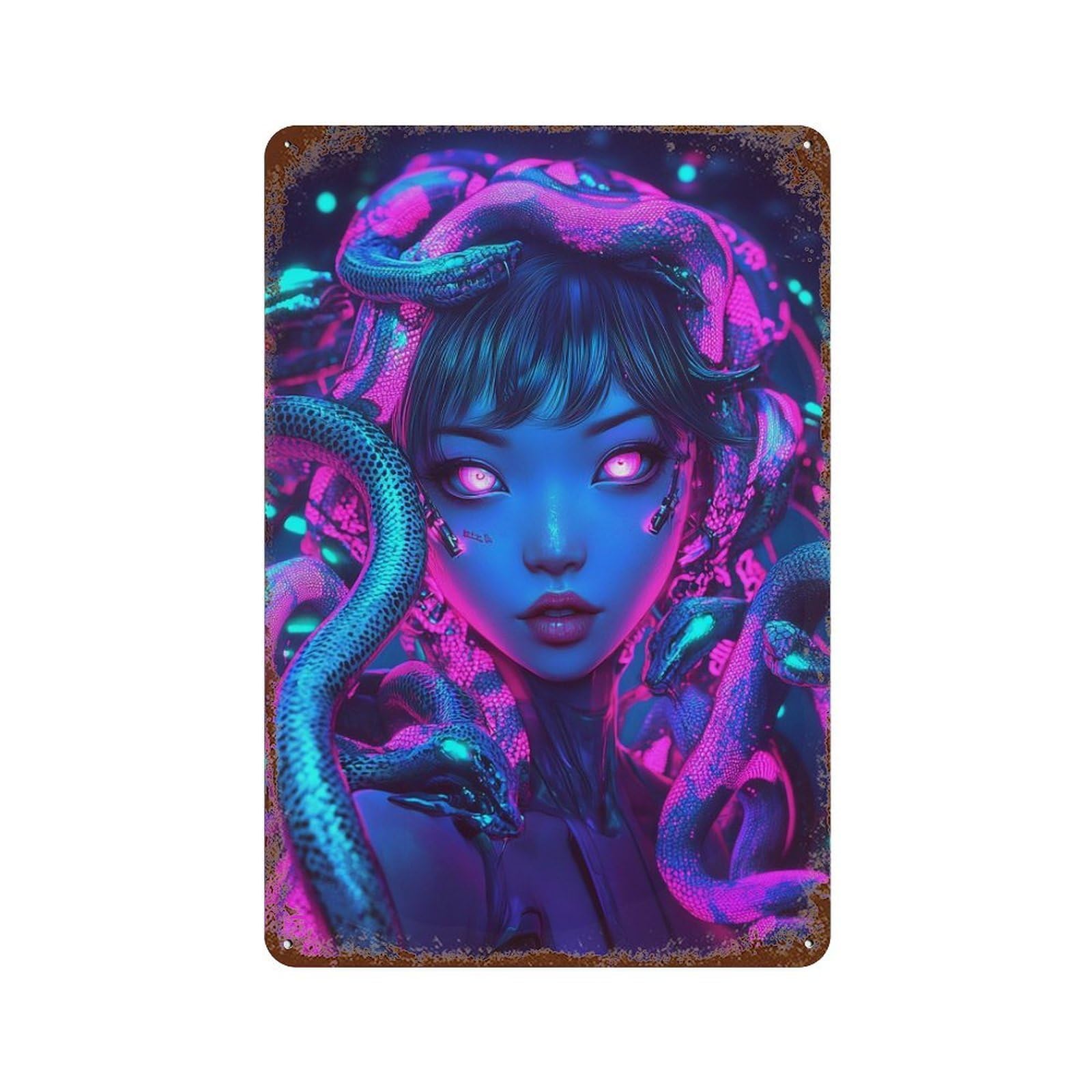 Neon Serpent Portrait Aged Metal Wall Plaque 11.8"x7.9", Rustic Home Decor for Garage, Pub Or Kitchen