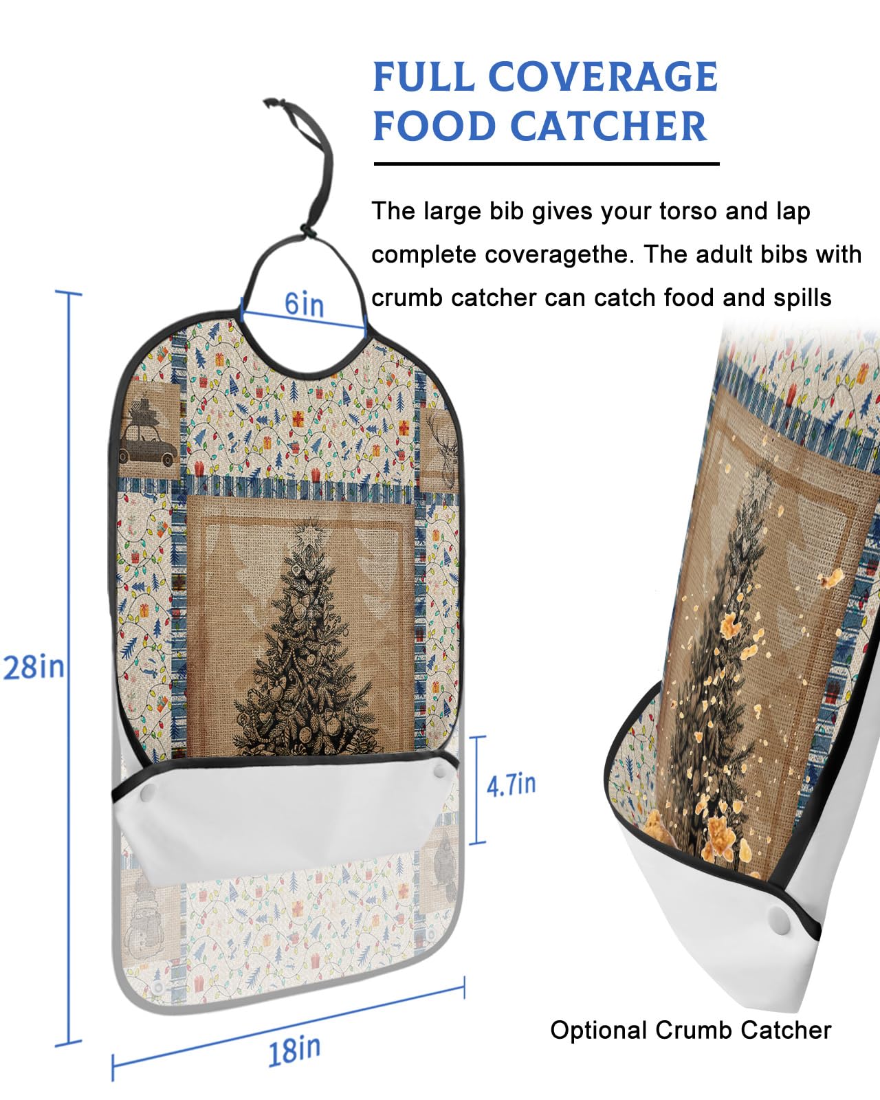 Christmas Tree Adult Bib for Adults Men, Women, Washable & Adjustable Terry Cloth Bib with Crumb Catcher Reusable Waterproof Clothing Clothes Protector Apron Colorful Farmhouse Snowflake Snowman