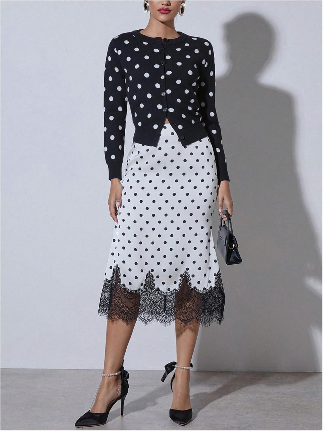MakeMeChic Women's Work Polka Dots Lace Midi Skirt Business High Waist Pencil Skirts