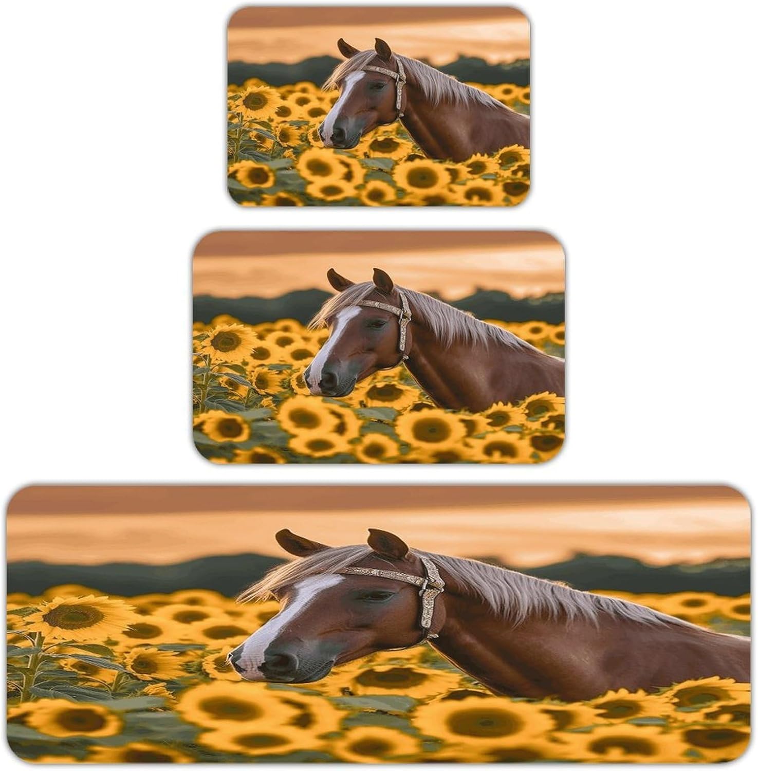 Yellow Sunflower Horse Kitchen Rugs Set of 3 Non Slip Washable Kitchen Mats for Floor Soft Area Rug Kitchen Floor Mat Cushioned Anti Fatigue Mats Standing Sink Mat Decor Runner Rugs