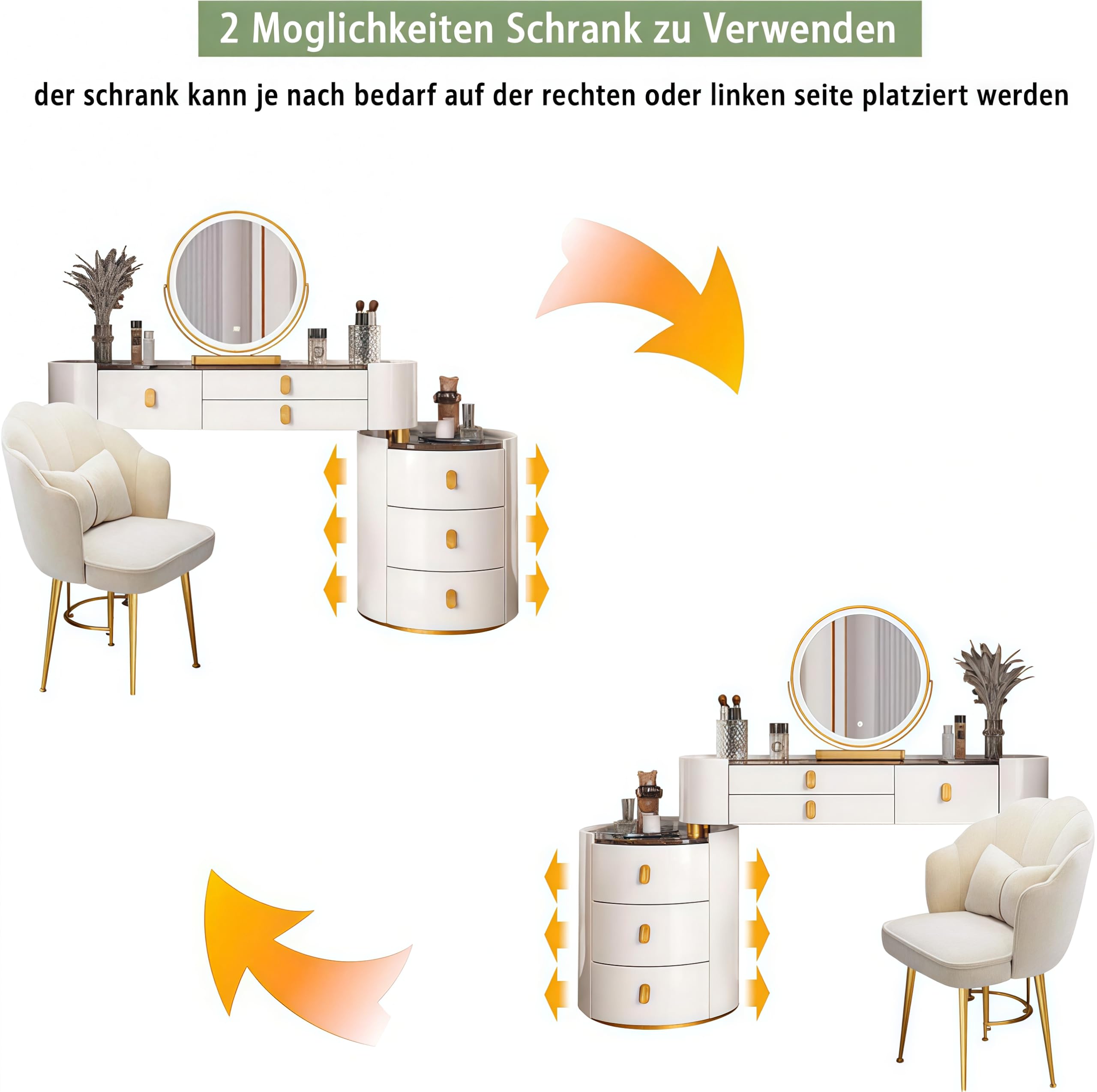 Schminktisch mit LED-Beleuchtung, Spiegel, 6 Schubladen, Weißes Schminktisch-Set