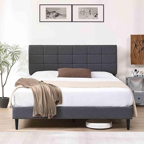 Base de cama Queen con cabecera de tela, marco de cama tapizado, marco de cama resistente con soporte de listones de madera, base de colchón, no