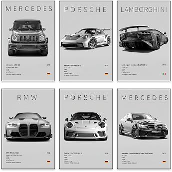 VOYANTE Pack of 6 Super Car Poster Supercar Poster Black White Super Sports Car Wall Pictures for Boys and Men Racing Car Canvas Pictures for Living Room Gift for Car Lovers C
