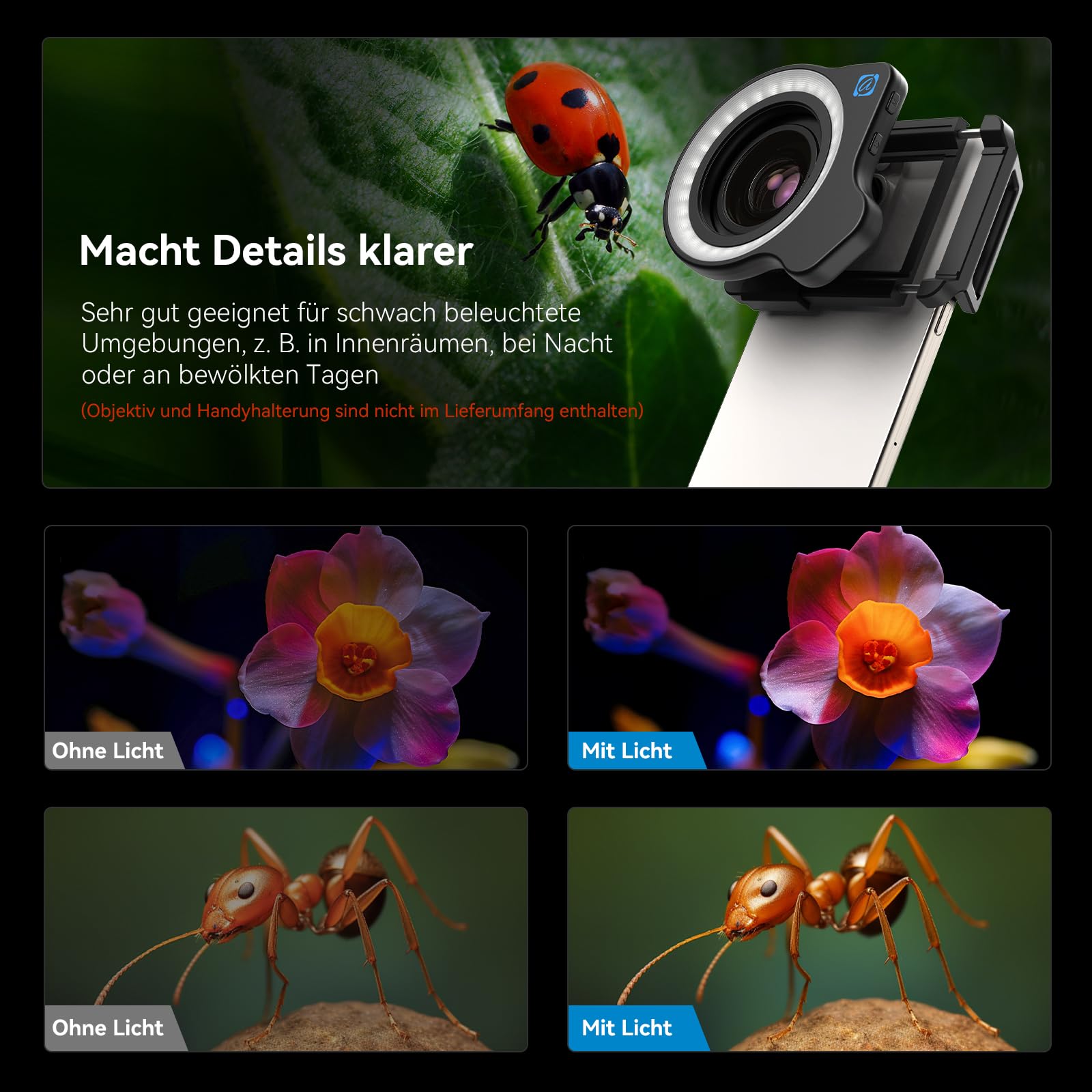 10-20x Zoom-Makroobjektiv-Set mit Fülllicht für Smartphones,Makro-Telefonobjektiv mit universellem Objektivclip,HD-Makrofotografieobjektiv für iPhone und Android-Telefone
