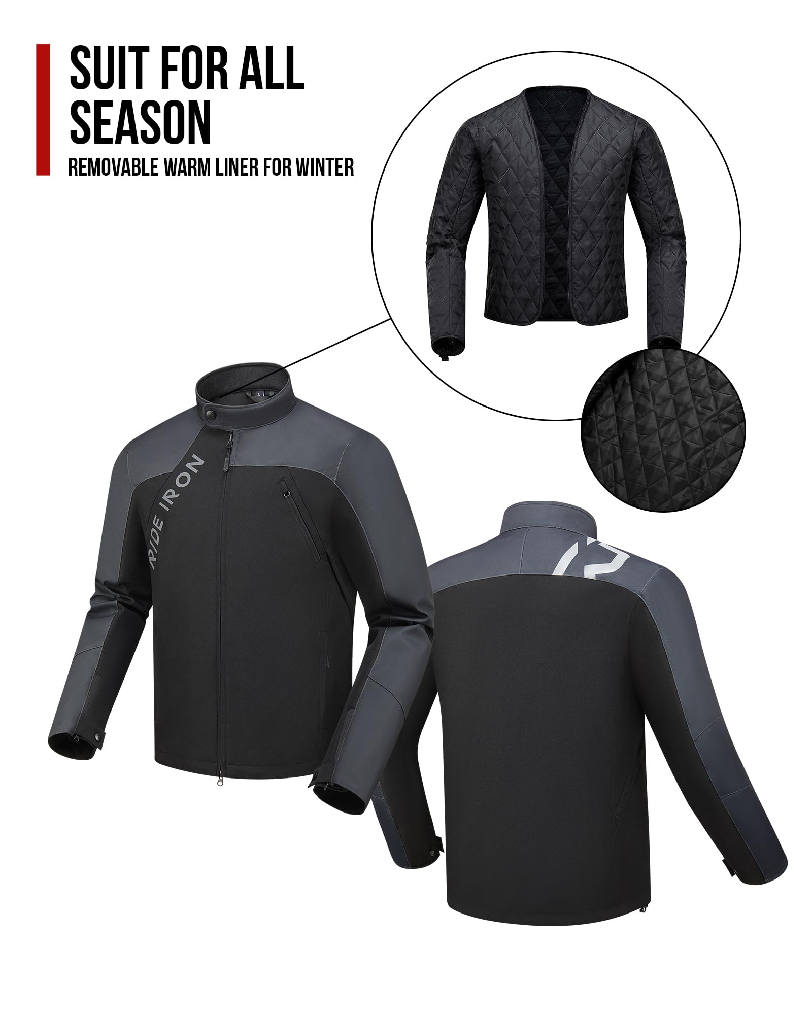 RIDEIRON Motorradjacke Herren mit Protektoren CE – Reflektierendes Logo, 4 Taschen, Atmungsaktiv mit Belüftungsreißverschluss, Textil Biker Jacke 4 Jahreszeiten mit Thermofutter M-XXL