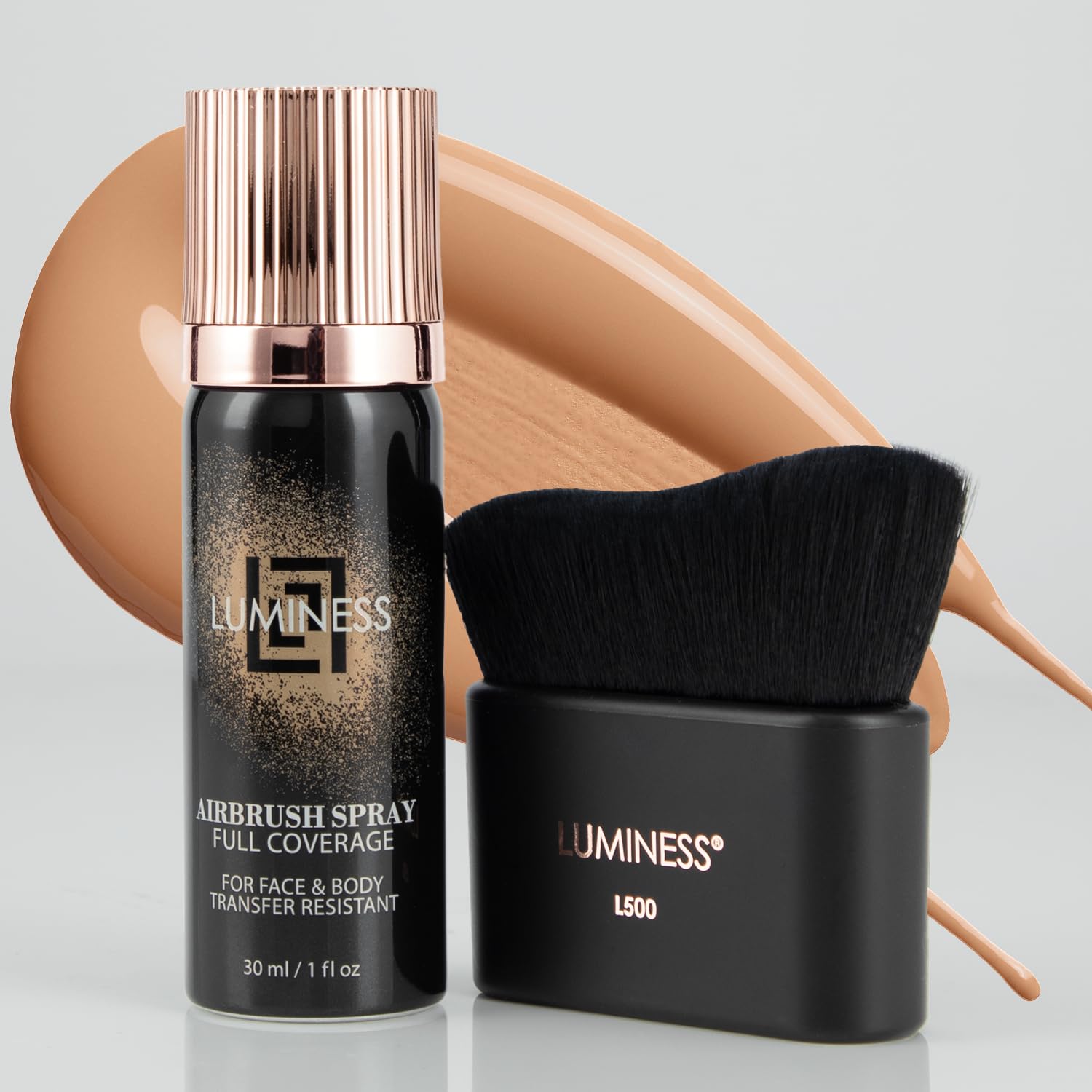 LUMINESS Airbrush Body Coverage with Self Tanner Brush – Tattoo Cover Up Makeup – Full Coverage Foundation for Face & Body – Water-Resistant, Long-Wear, Natural Radiant Finish, Warm