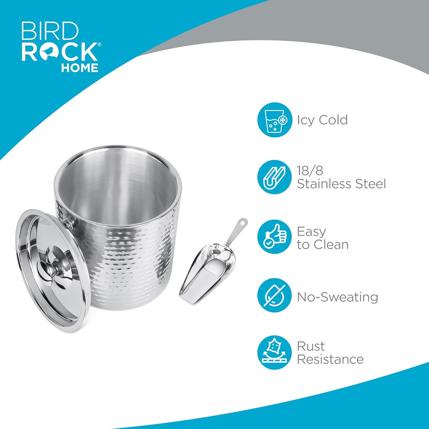 BIRDROCK HOME Ice Bucket with Scoop & Lid - 2.8 Liter Hammered 18/8 Stainless Steel Double Wall Insulated Container with Carrying Handle - Ideal for Parties, Cocktails, and Beverages - Silver