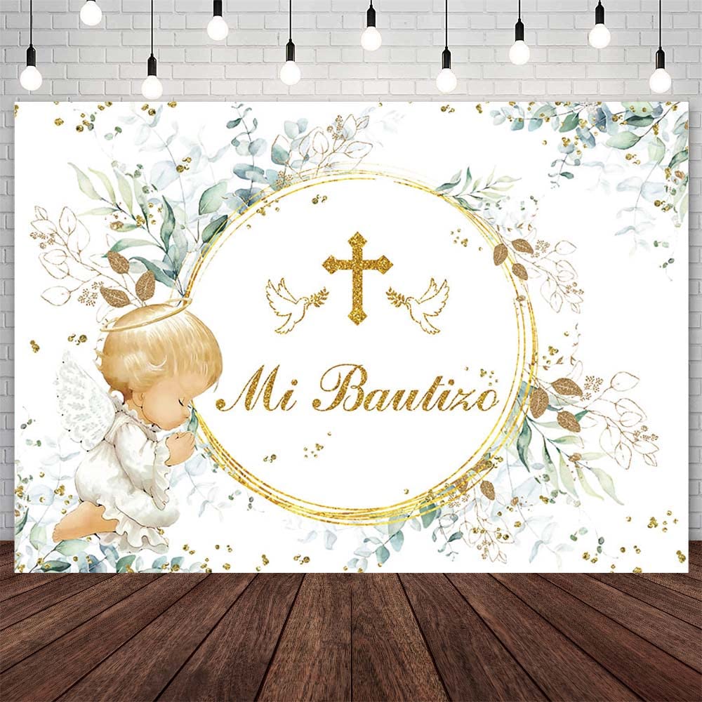 AIBIIN 7x5ft Mi Bautizo Backdrop Greenery God Bless First Holy Communion Party Decorations Green Eucalyptus Baby Shower Party Banner Photo Shoot Props