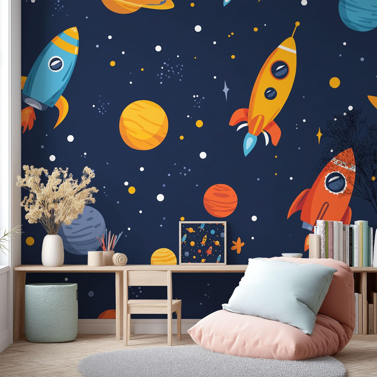Générique Tapeta z kreskówek przestrzeń zabawa panoramiczna tapeta 350 x 256 cm do salonu dekoracja pokoju dziecięcego rakieta planeta