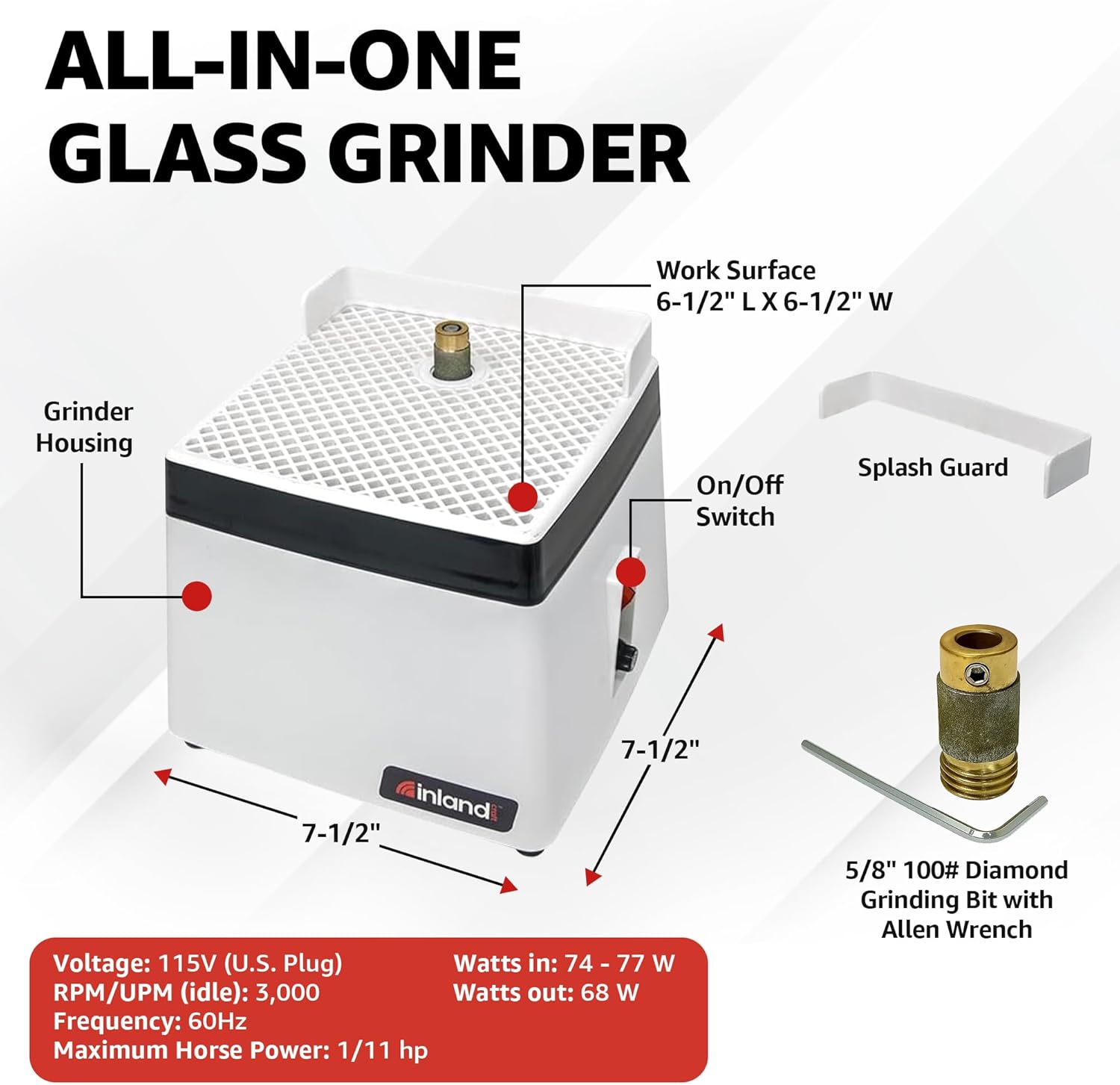 Inland Craft Wiz Mini Glass Grinder for Stained Glass Supplies, Precision Grinder for Mosaics, Shaping, Glass Cutters, Diamond Grinding Bits, Hobby Tools, Kits & Creative Craft Projects, 115V Only