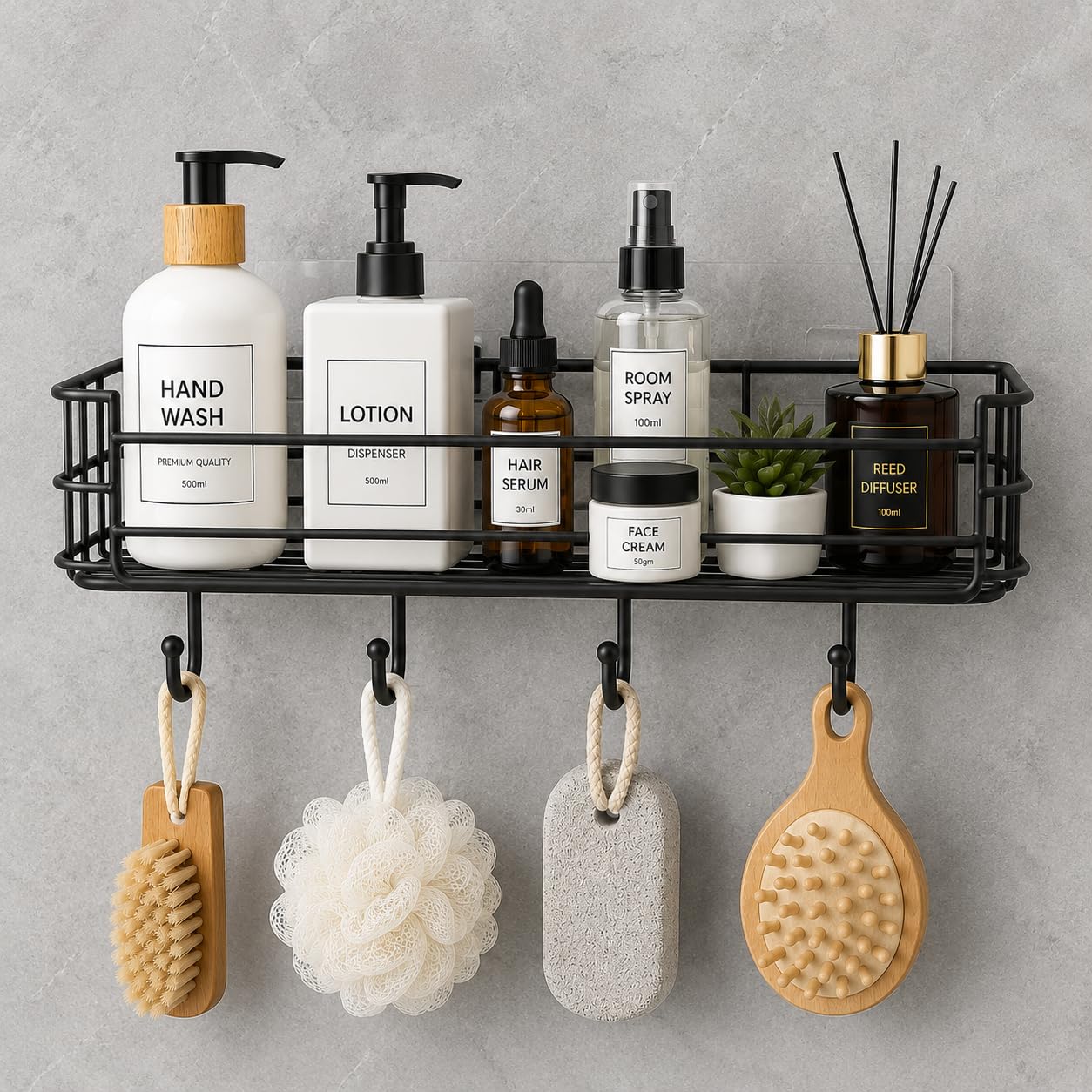Bathroom Shelf for Wall Set of 2, Self Adhesive Metal Wall Mounted Organizer with 4 Hooks, No Drill Rust Resistant Storage Rack for Shampoo, Soap & Toiletries, Bathroom & Kitchen, Black-image-44