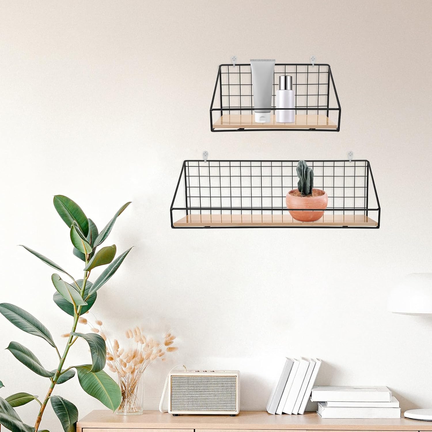 YARNOW Wall Mounted Floating Shelf 2pcs Set, Large and Small Iron Storage Racks, Minimalist Decorative Wall Organizer for Living Room Bedroom Kitchen