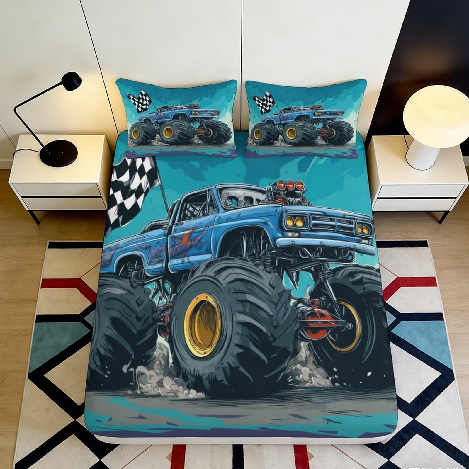 Jqzkxnhpbr Style-4 3D Printed Blue Monster Truck Fitted Sheet Microfiber Soft Anti-Slip Bed Cover For Kids Youth Bedroom Dorm Decor Mattress Protection 90X200x25cm